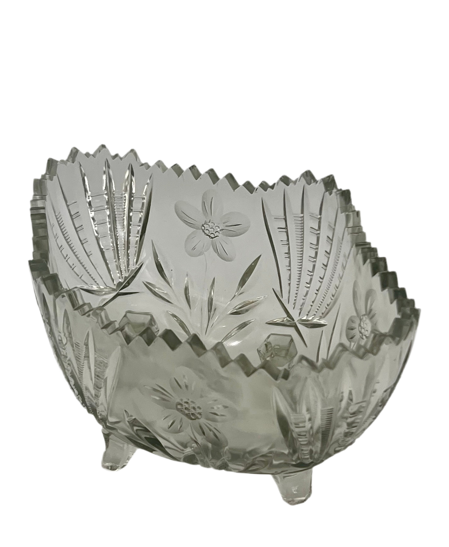 INDIANA GLASS “RAYED FLOWER” 4-FOOTED PRESSED GLASS CENTERPIECE BOWL