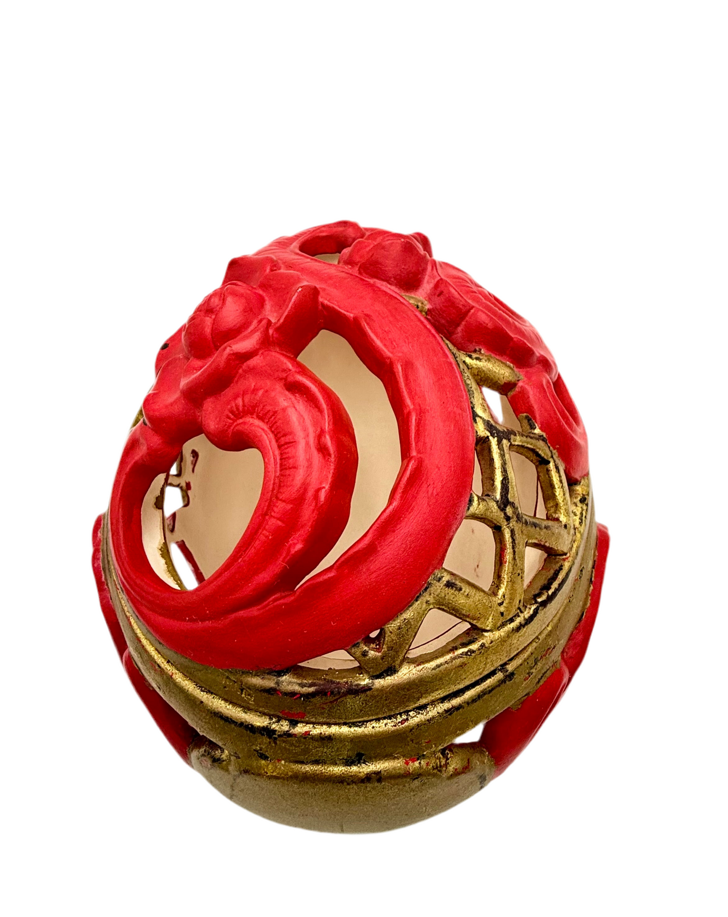 VINTAGE RED AND GOLD CHALKWARE POTPOURRI JAR WITH LID – ITALIAN CAPODIMONTE STYLE FLORAL DESIGN
