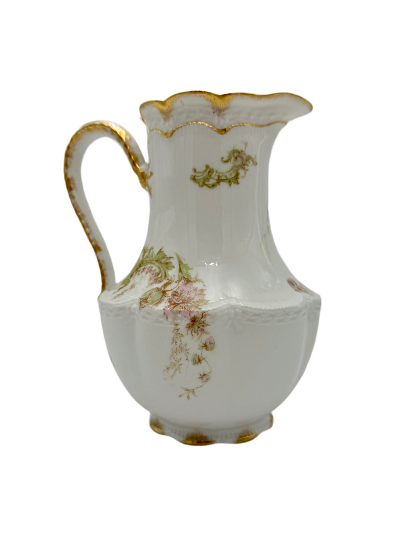 ANTIQUE HAVILAND & CO LIMOGES FLORAL PITCHER – LATE 1800s FRENCH PORCELAIN WITH GOLD GILT DETAIL – ROMANTIC VICTORIAN ART NOUVEAU STYLE