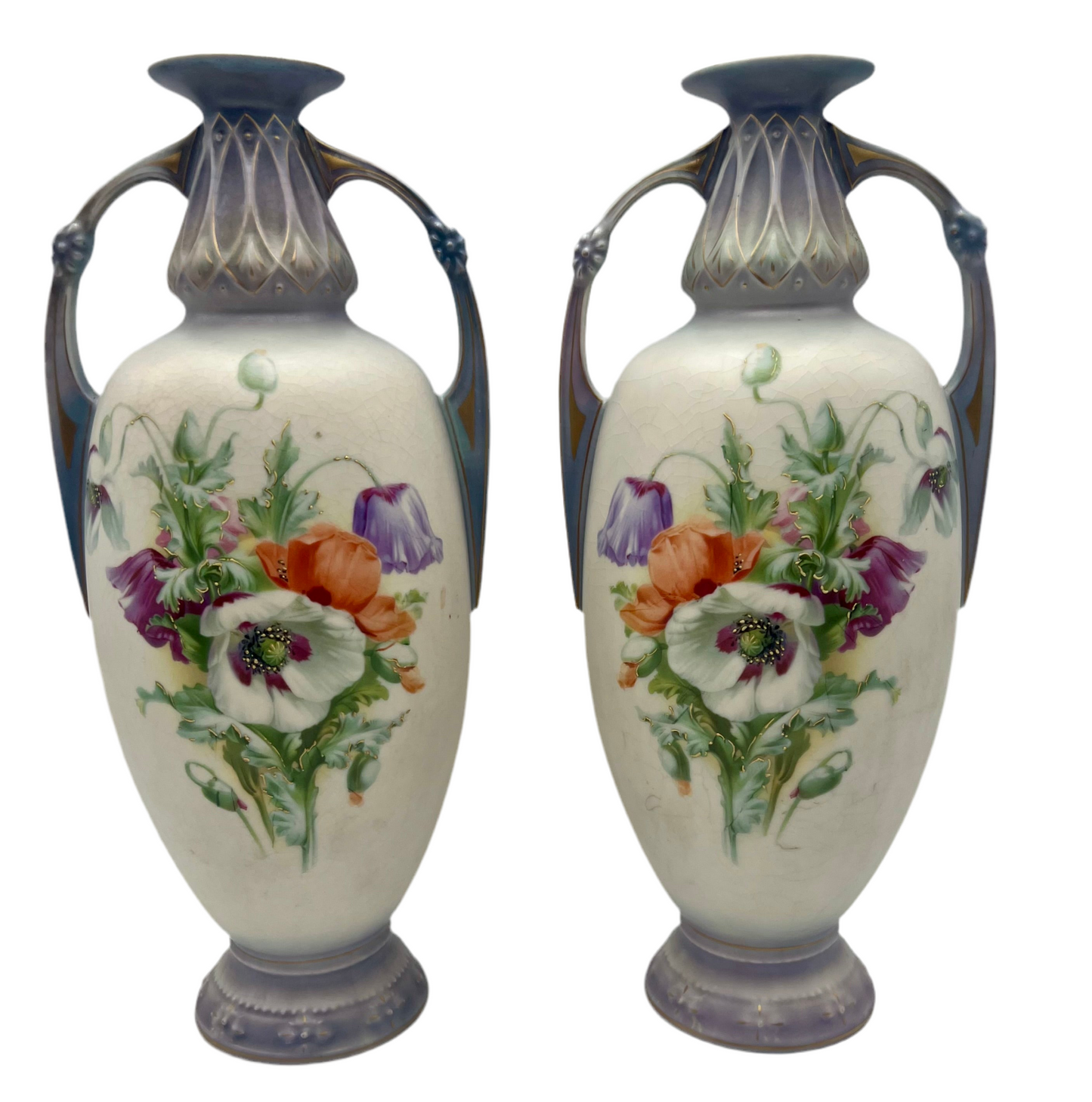 PAIR OF ANTIQUE ART NOUVEAU POPPY VASES – HAND-PAINTED FLORAL CERAMIC URNS WITH CRACKLE GLAZE