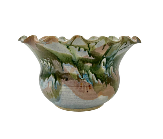 1989 ARTIST SIGNED GLAZED POTTERY ABSTRACT SCALLOPED BOWL