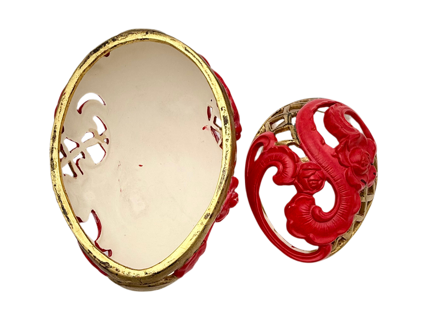 VINTAGE RED AND GOLD CHALKWARE POTPOURRI JAR WITH LID – ITALIAN CAPODIMONTE STYLE FLORAL DESIGN