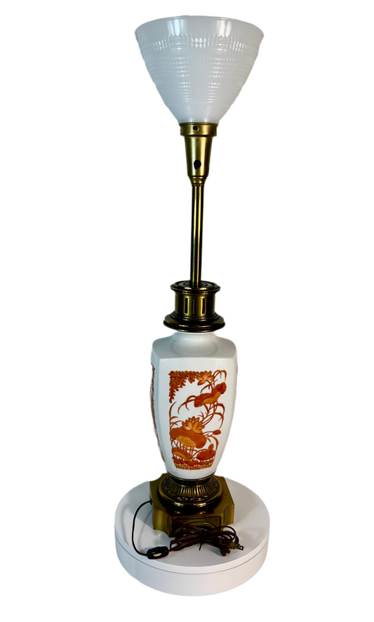 VINTAGE STIFFEL PORCELAIN & BRASS TABLE LAMP – ORANGE FLORAL & BAMBOO DESIGN