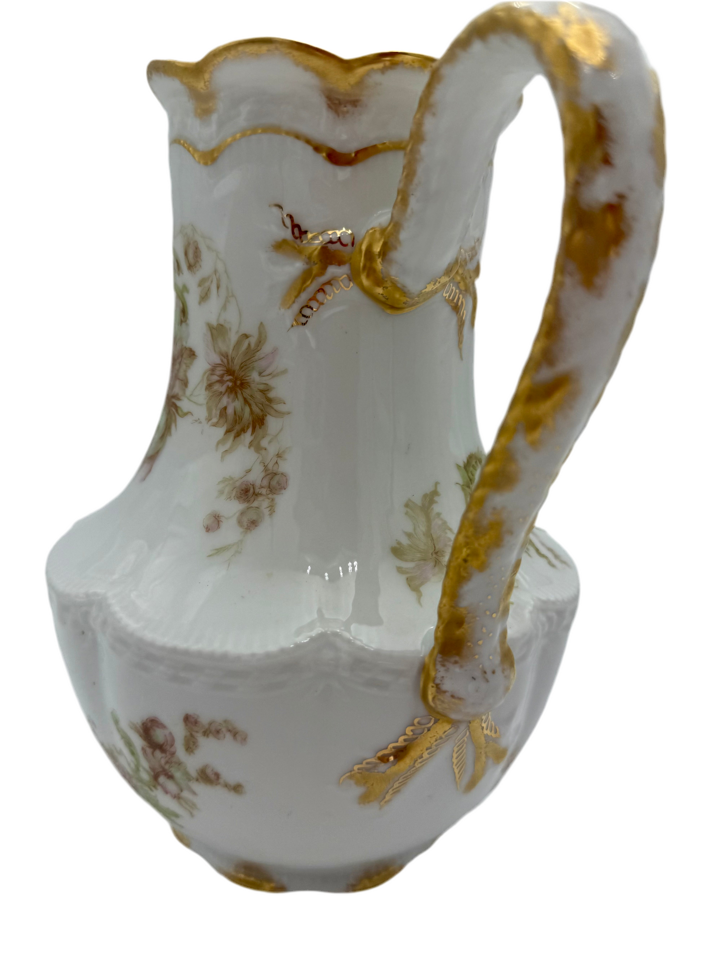 ANTIQUE HAVILAND & CO LIMOGES FLORAL PITCHER – LATE 1800s FRENCH PORCELAIN WITH GOLD GILT DETAIL – ROMANTIC VICTORIAN ART NOUVEAU STYLE