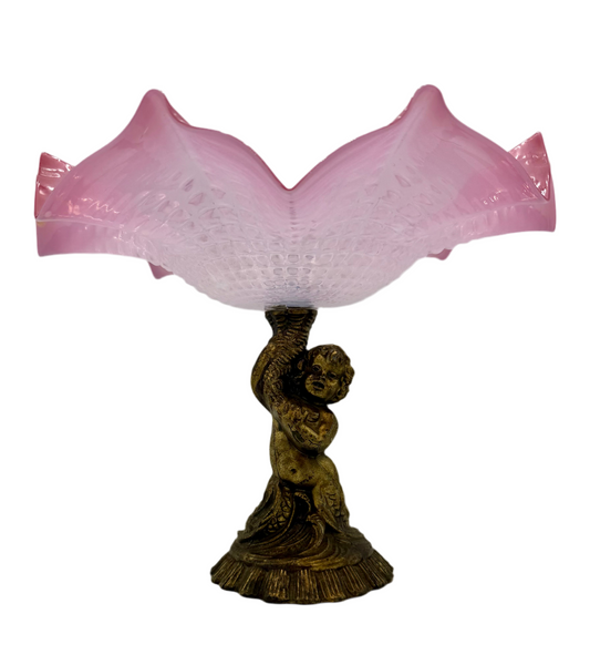 ANTIQUE CRANBERRY ART GLASS COMPOTE WITH CHERUB BASE – VICTORIAN RUFFLED EDGE BOWL – 9” TALL × 11.5” DIAMETER – CIRCA 1890–1910