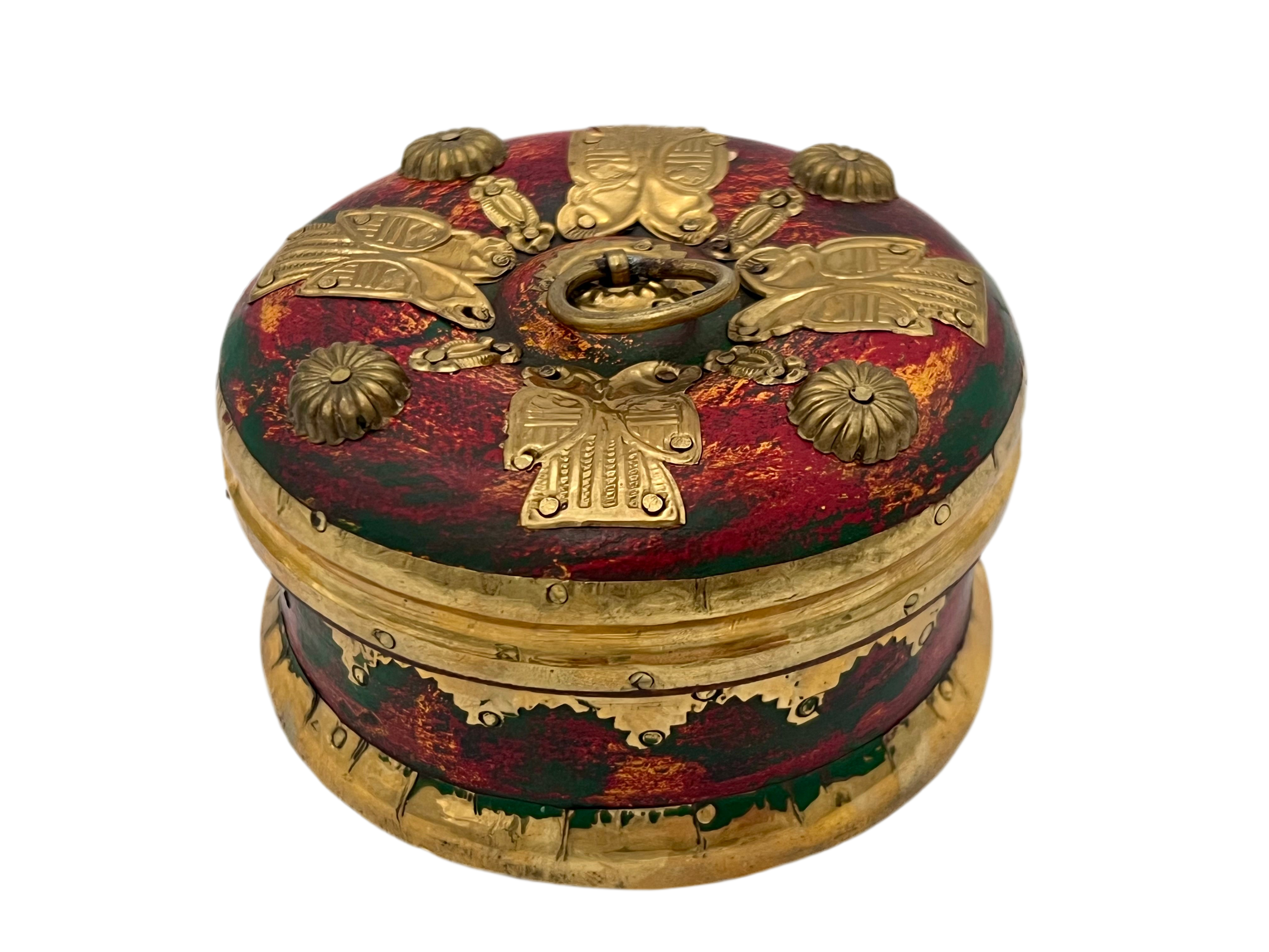 VINTAGE BRASS BUTTERFLY JEWELRY BOX WITH RED SATIN LINING – HANDCRAFTED LACQUERED WOOD TREASURE BOX