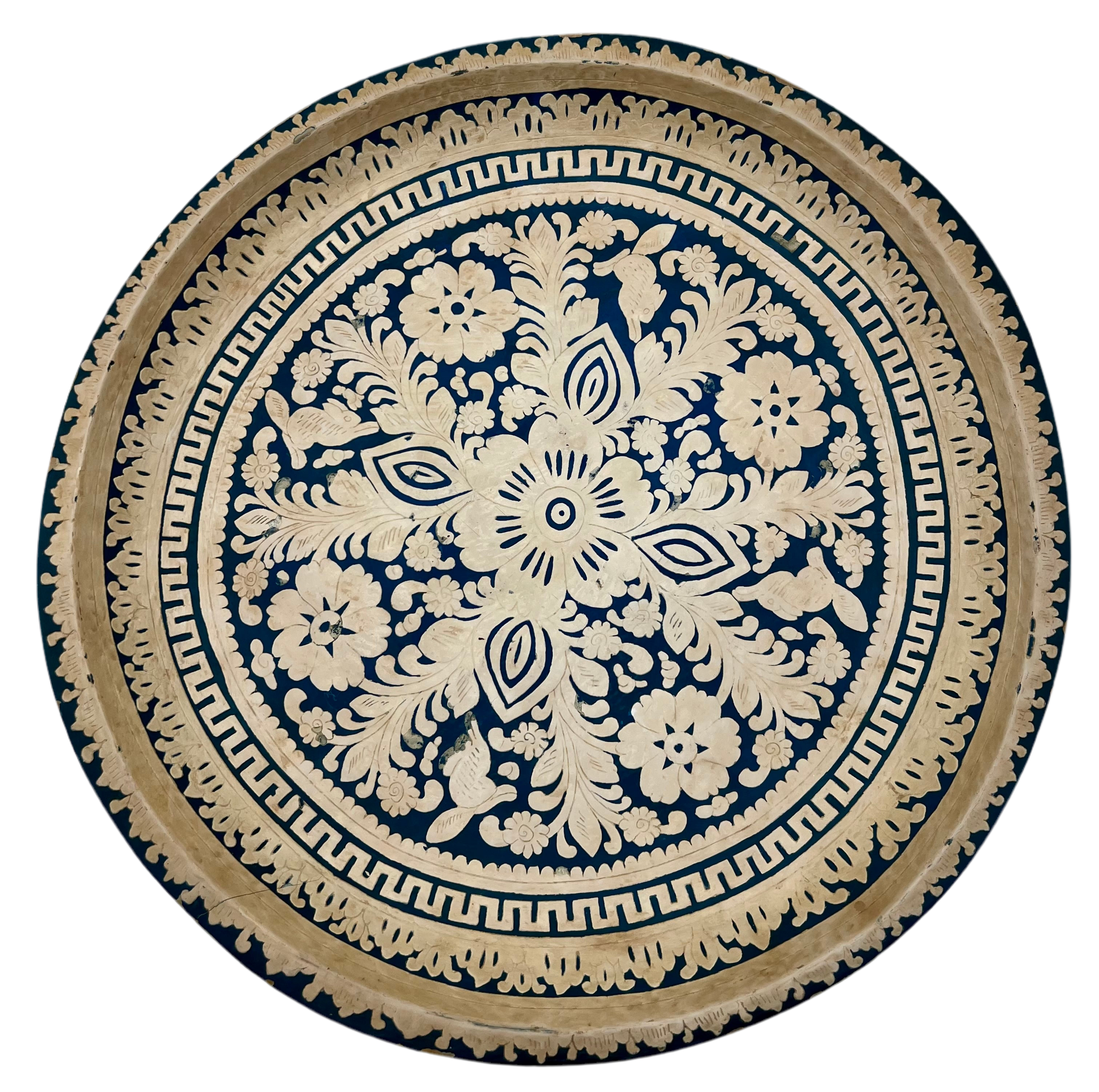 VINTAGE INDIAN BONE INLAY TRAY – HANDCRAFTED RAJASTHAN FLORAL DESIGN – NAVY & IVORY DECORATIVE ROUND TRAY – 17” BOHO SERVING TRAY