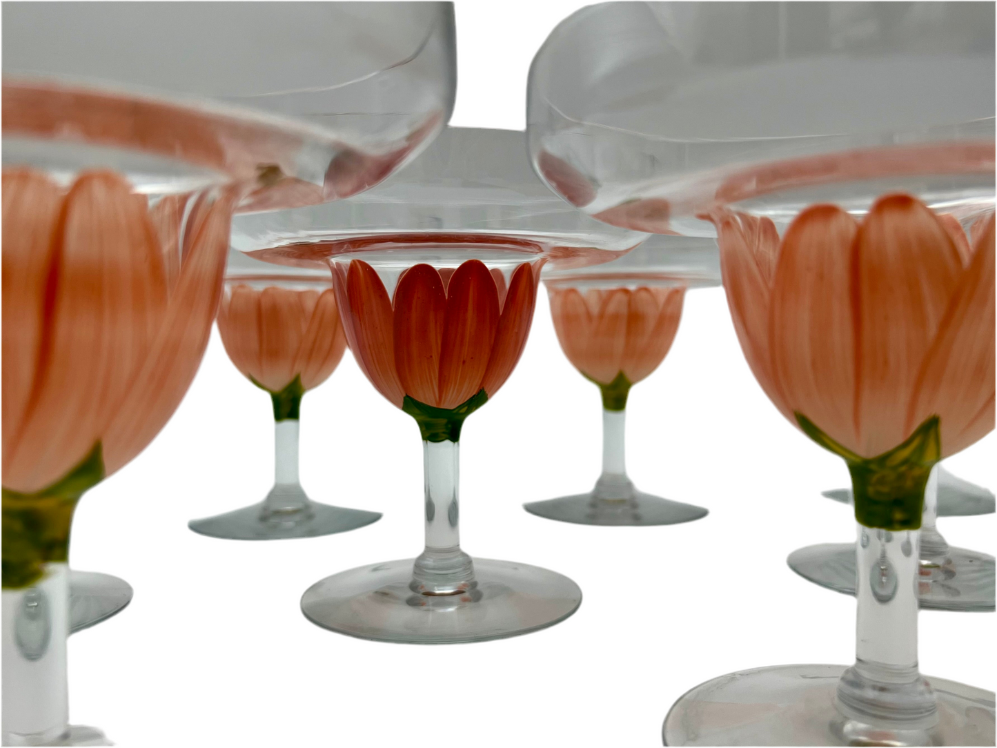 SET OF 10 VINTAGE HAND PAINTED PINK FLOWER MARGARITA GLASSES