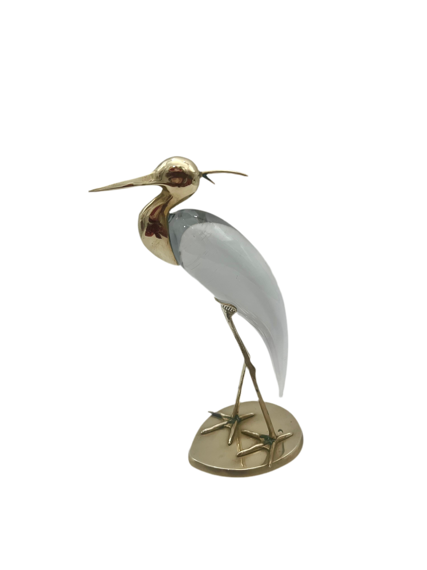 ITALIAN BRASS & GLASS HERON SCULPTURE – ATTRIBUTED TO LUCA BOJOLA – 11.25” MID-CENTURY