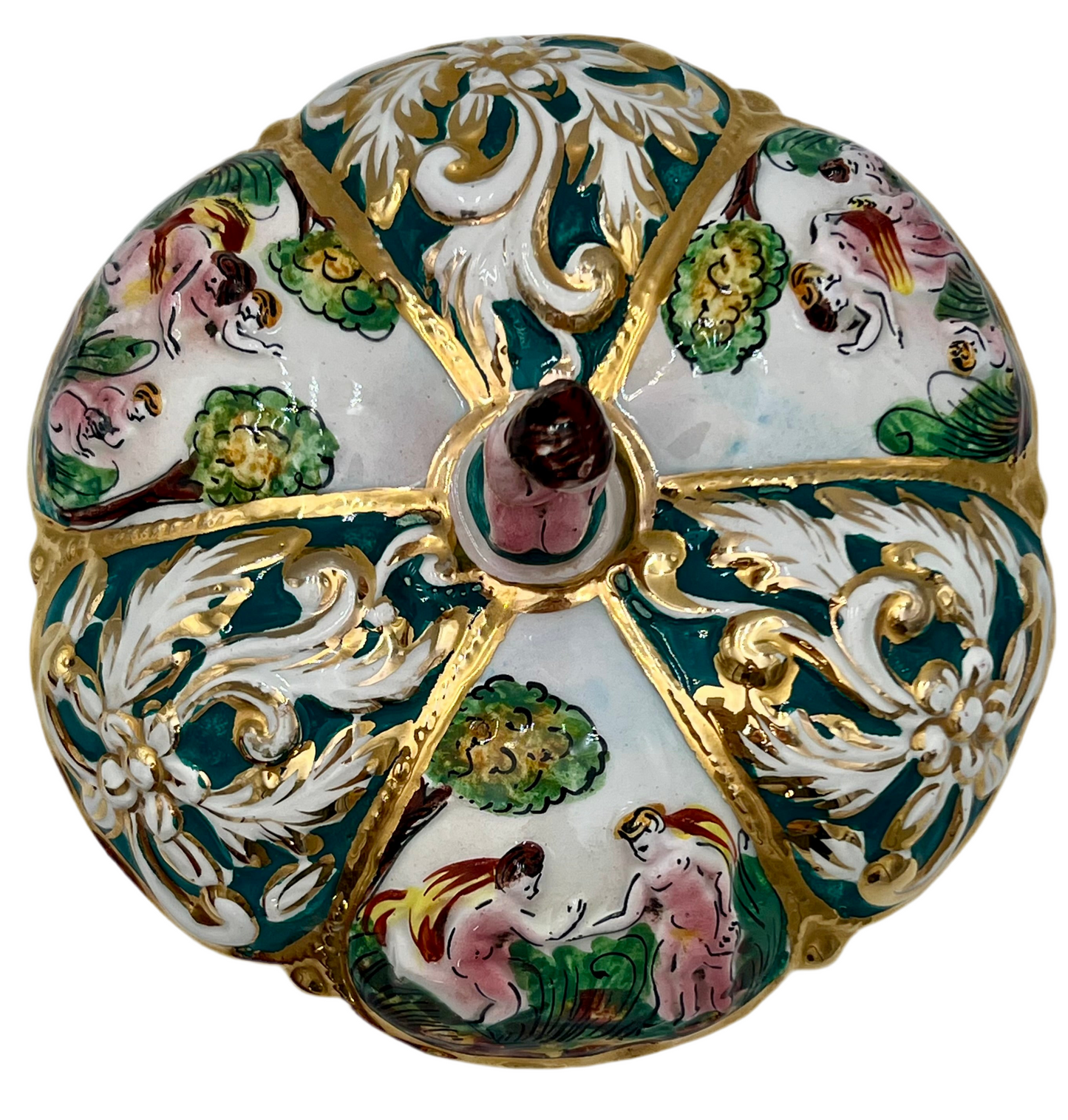 VINTAGE ITALIAN MAJOLICA COVERED DISH – HAND-PAINTED ADAM & EVE SCENES – GILDED BAROQUE DETAIL – DERUTA-STYLE CERAMIC BOX