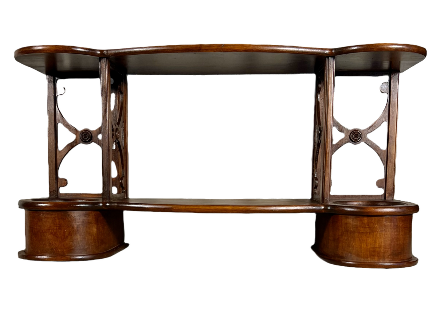 ANTIQUE VICTORIAN GOTHIC REVIVAL WALL SHELF WITH JARDINIÈRE HOLDERS – REFURBISHED WOOD DISPLAY SHELF – 19TH CENTURY