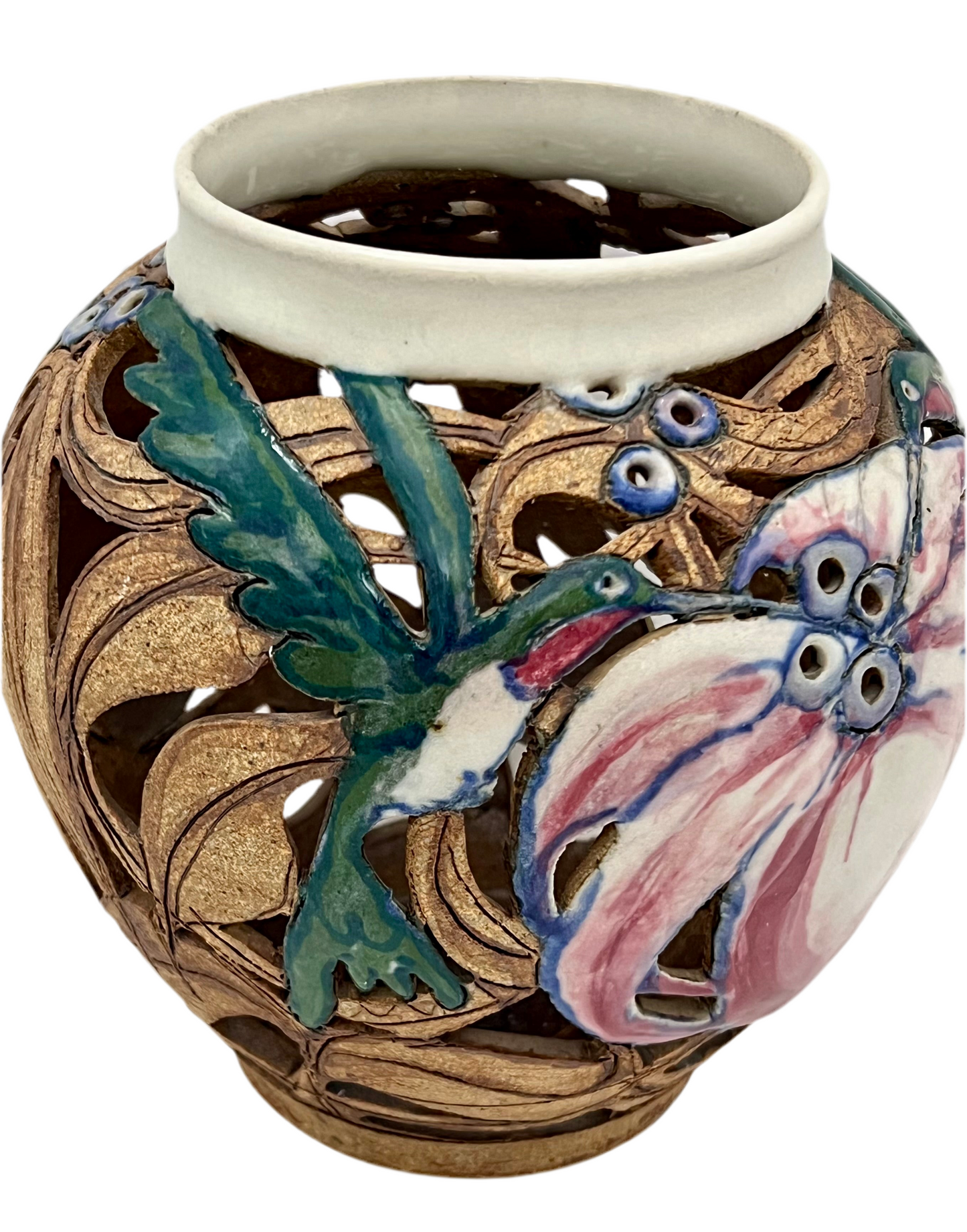 VINTAGE NICARAGUAN POTTERY VASE – OPENWORK CARVED CLAY WITH HUMMINGBIRDS & FLOWERS – SIGNED JUAN – FOLK ART DECOR