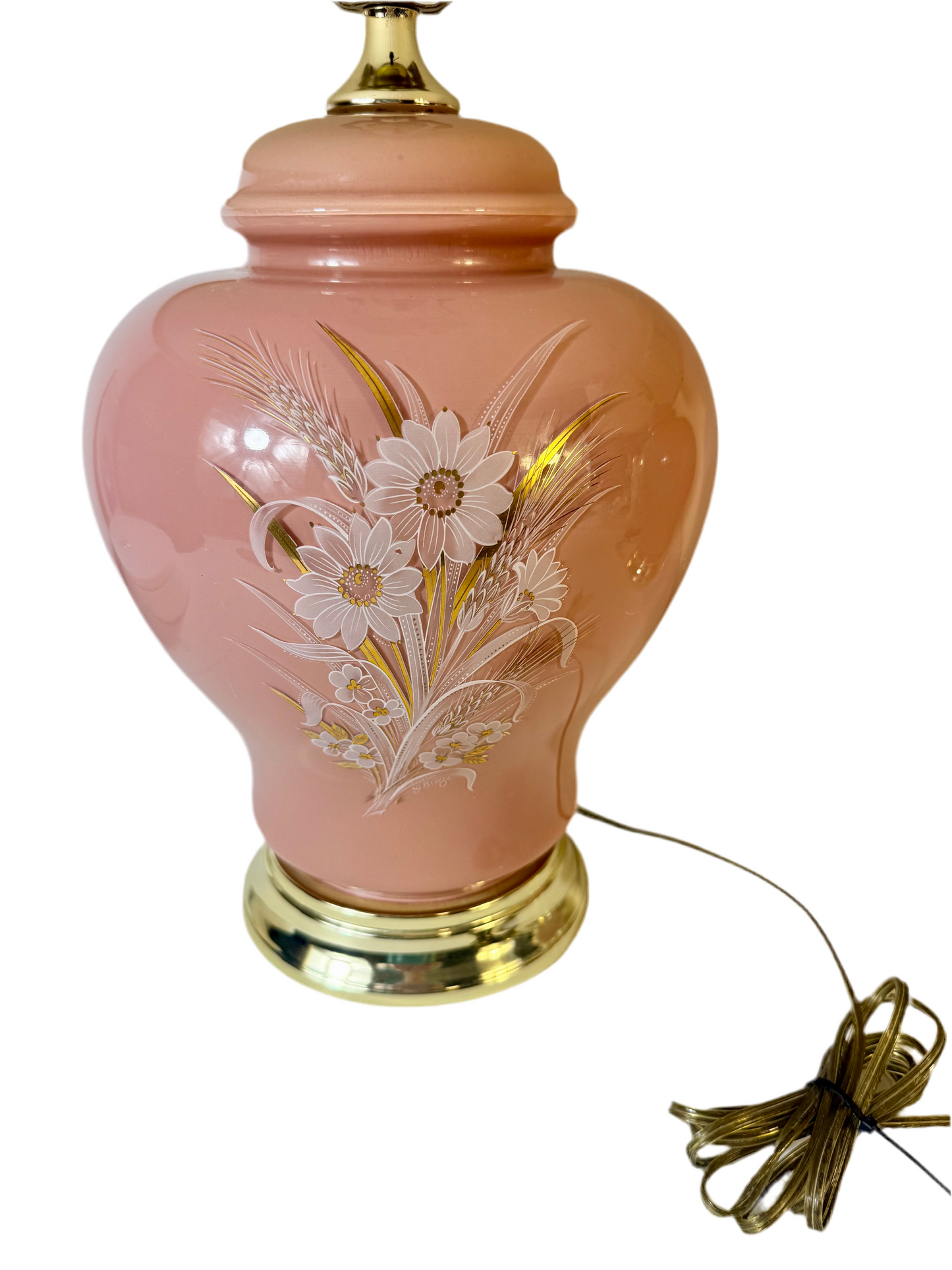 PAIR OF 1980s BLUSH PINK FLORAL TABLE LAMPS WITH ORIGINAL PLEATED SHADES – SIGNED G. BLEZ –