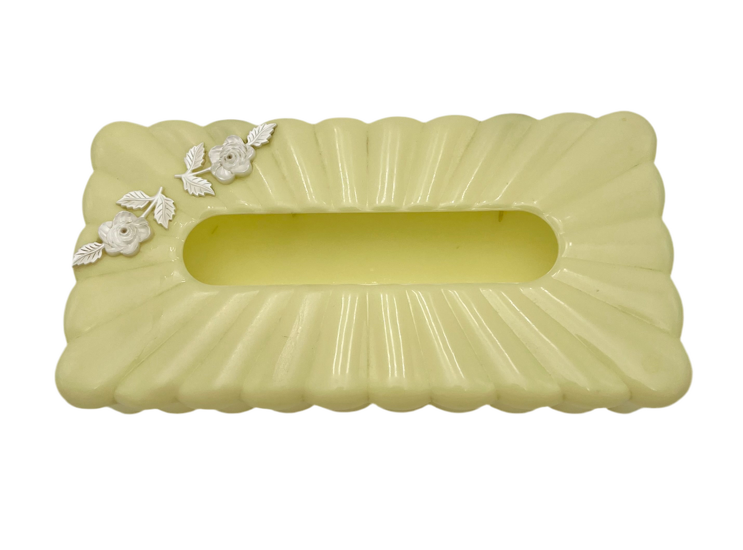 VINTAGE MENDA CO. YELLOW LUCITE TISSUE BOX COVER WITH WHITE FLORAL ACCENTS – 1950s MID CENTURY VANITY DECOR
