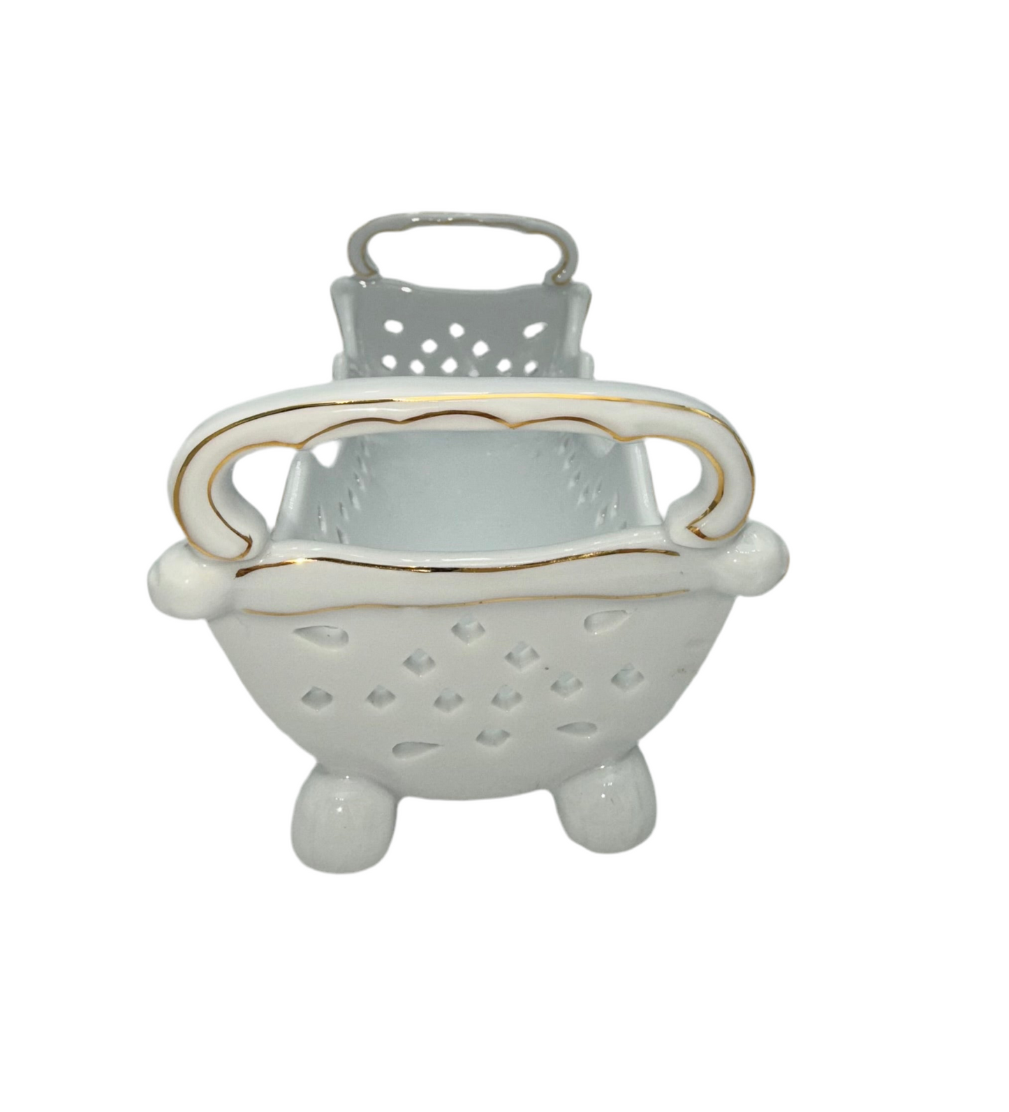 ELEGANT RETICULATED PORCELAIN CENTERPIECE BASKET WITH GOLD TRIM BY B&L PORCELAIN TREASURES