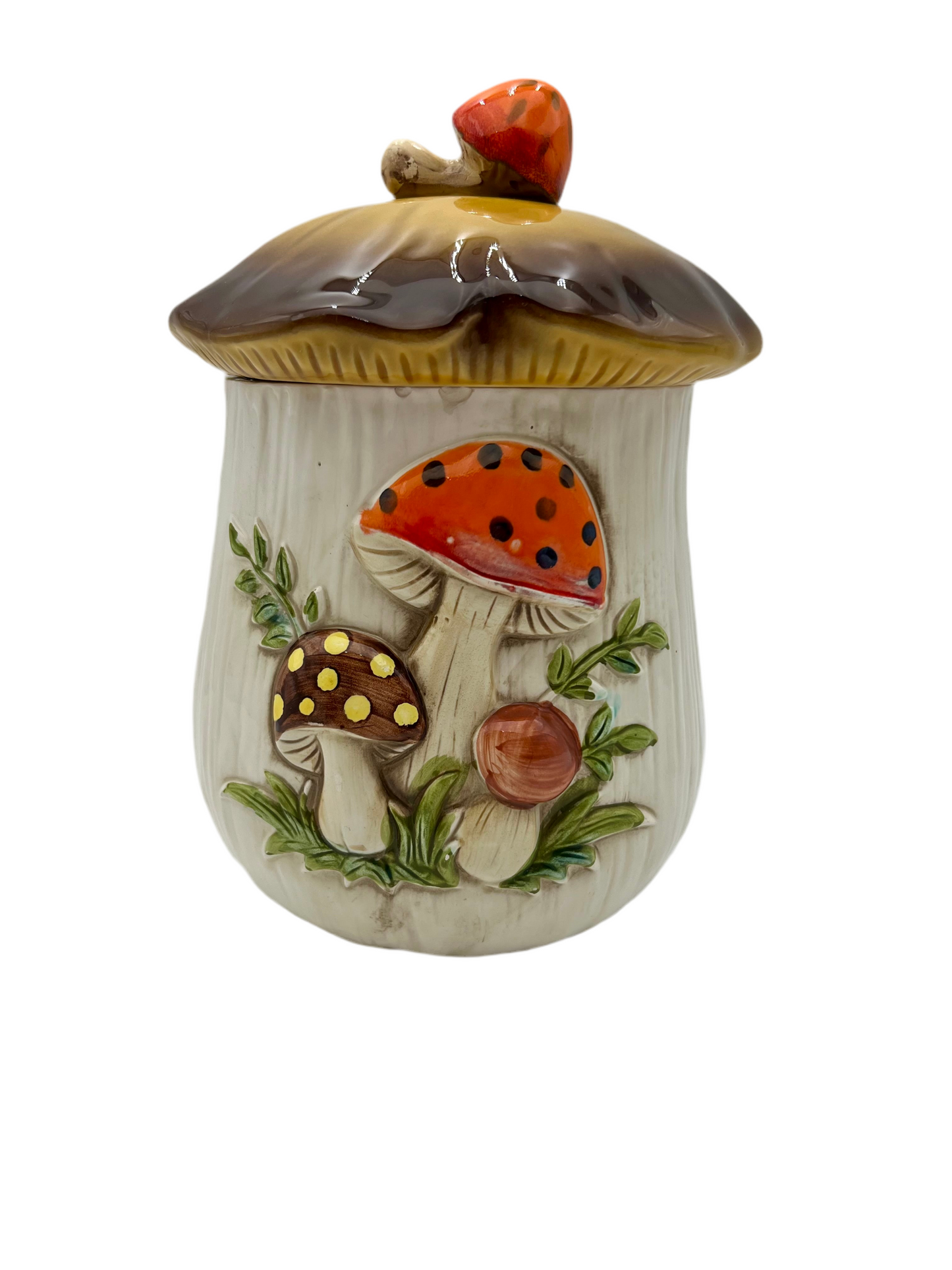 VINTAGE MERRY MUSHROOM  11 X 8.5 INCH CANISTER