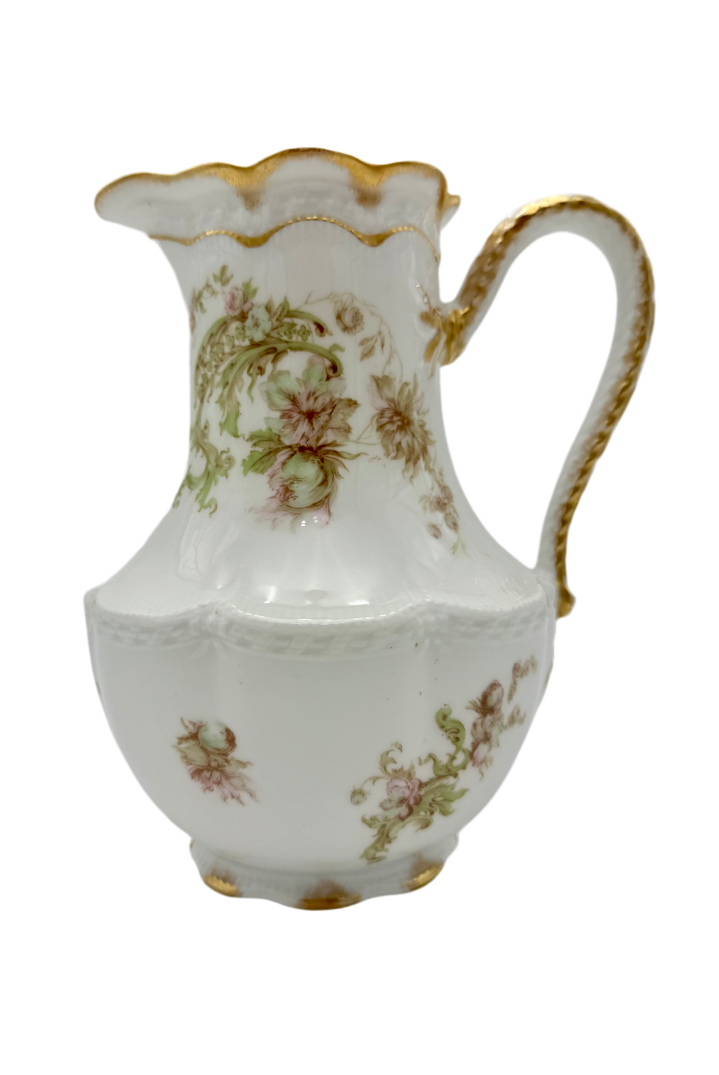 ANTIQUE HAVILAND & CO LIMOGES FLORAL PITCHER – LATE 1800s FRENCH PORCELAIN WITH GOLD GILT DETAIL – ROMANTIC VICTORIAN ART NOUVEAU STYLE