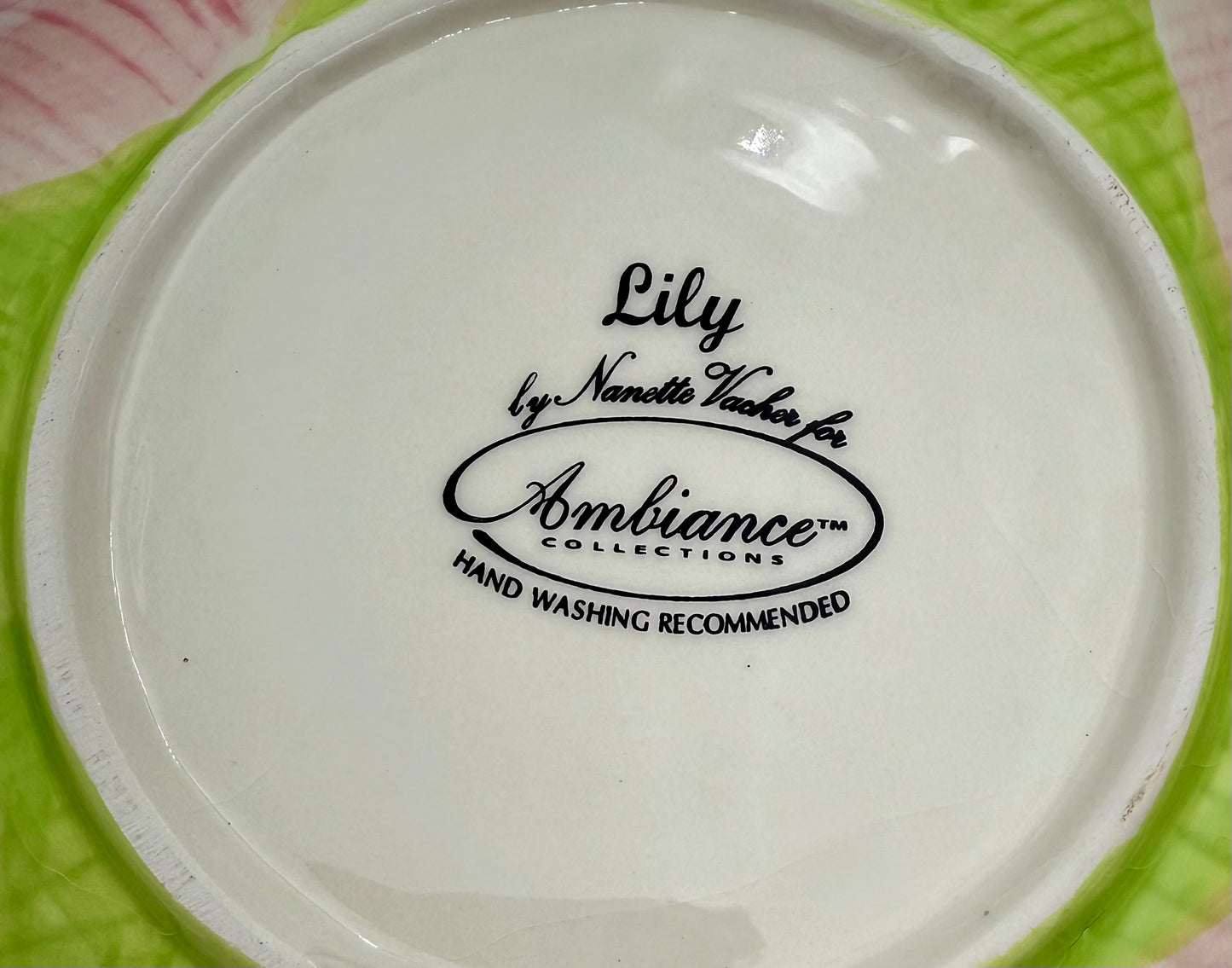 Vintage Pink Lily Ceramic Bowl & Plate Set by Nanette Vacher for Ambiance – 1990s Floral Bowl Set – Cottagecore Pink Decor – Set of 8