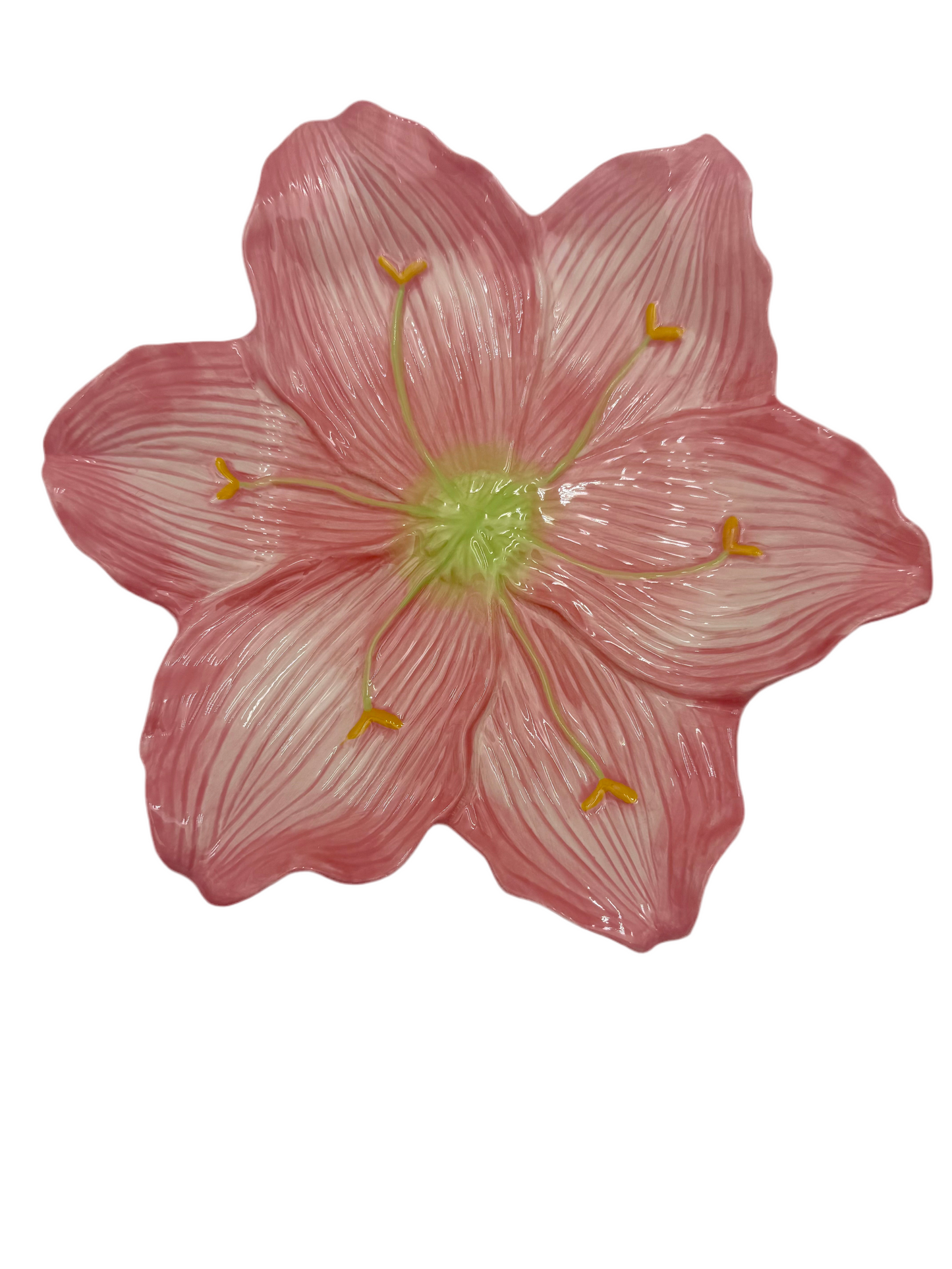 Vintage Pink Lily Ceramic Bowl & Plate Set by Nanette Vacher for Ambiance – 1990s Floral Bowl Set – Cottagecore Pink Decor – Set of 8