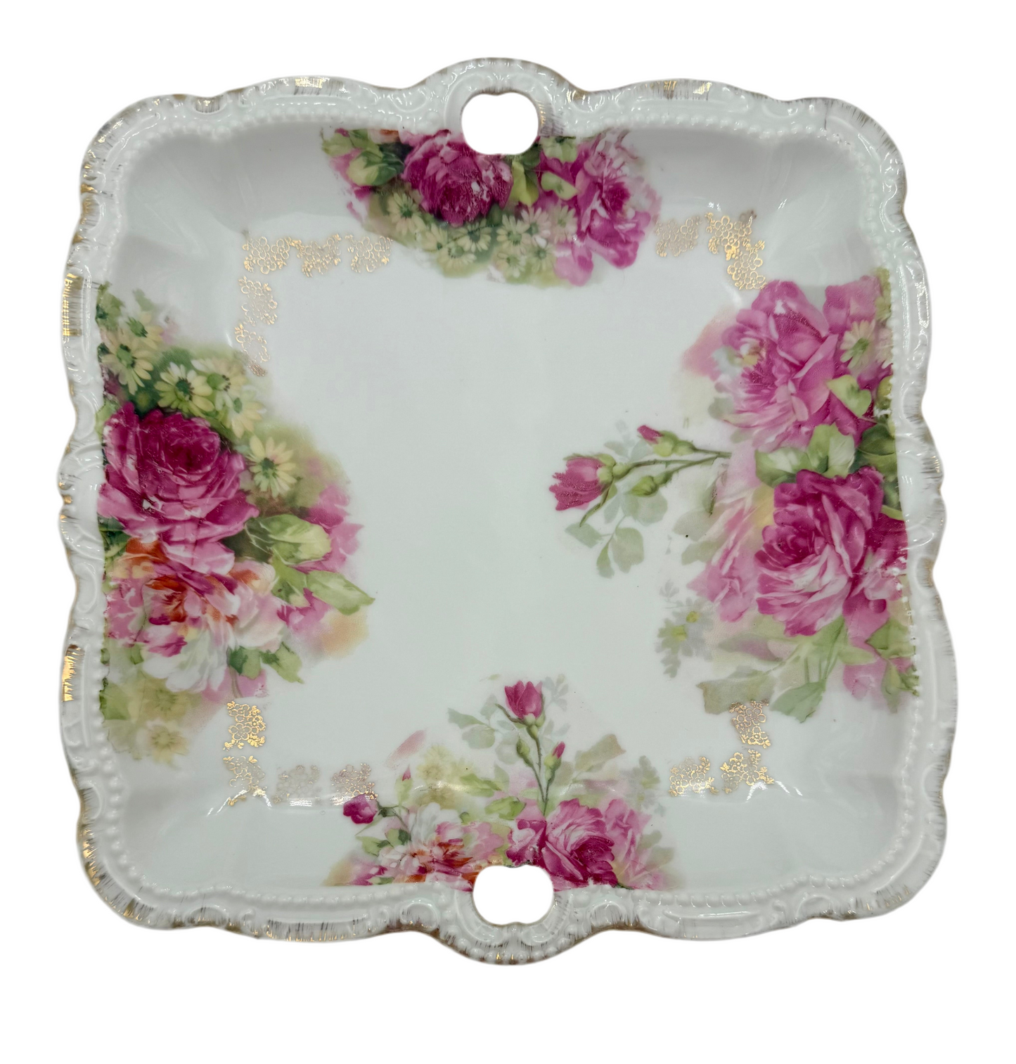 ANTIQUE HAND-DECORATED PORCELAIN FLORAL TRAY – GOLD LACE DETAIL & PINK ROSES – EARLY 1900s VICTORIAN BAVARIAN STYLE