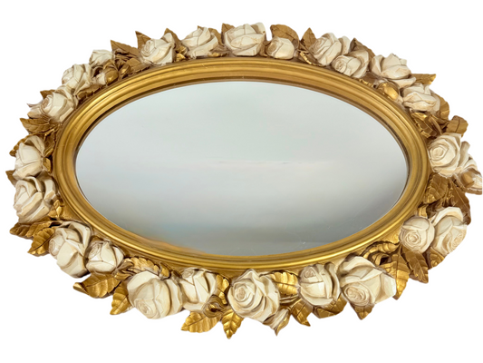 Vintage Hollywood Regency Oval Mirror with Gilded Roses
