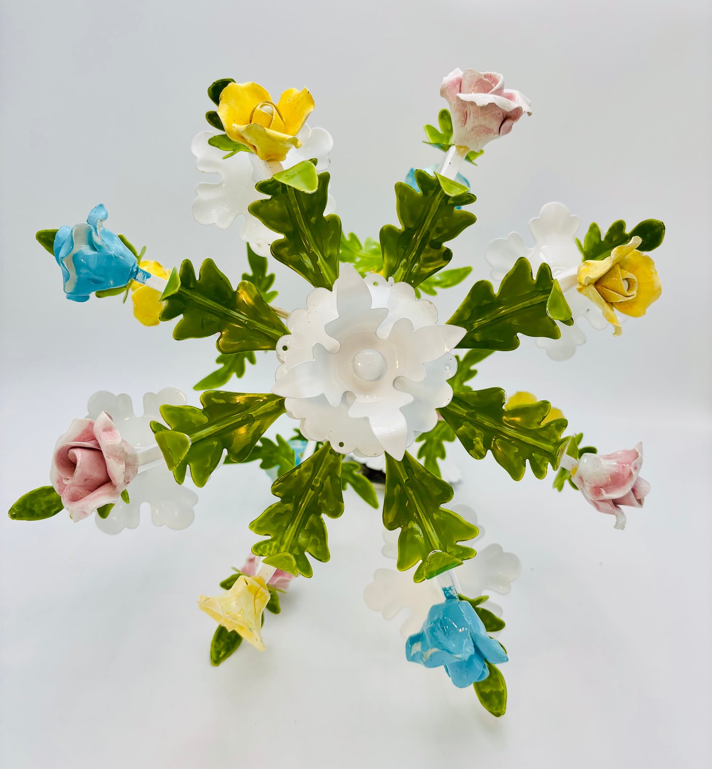 VINTAGE ITALIAN TOLE FLORAL CHANDELIER – HAND PAINTED HOLLYWOOD REGENCY EUROPEAN GARDEN LIGHTING