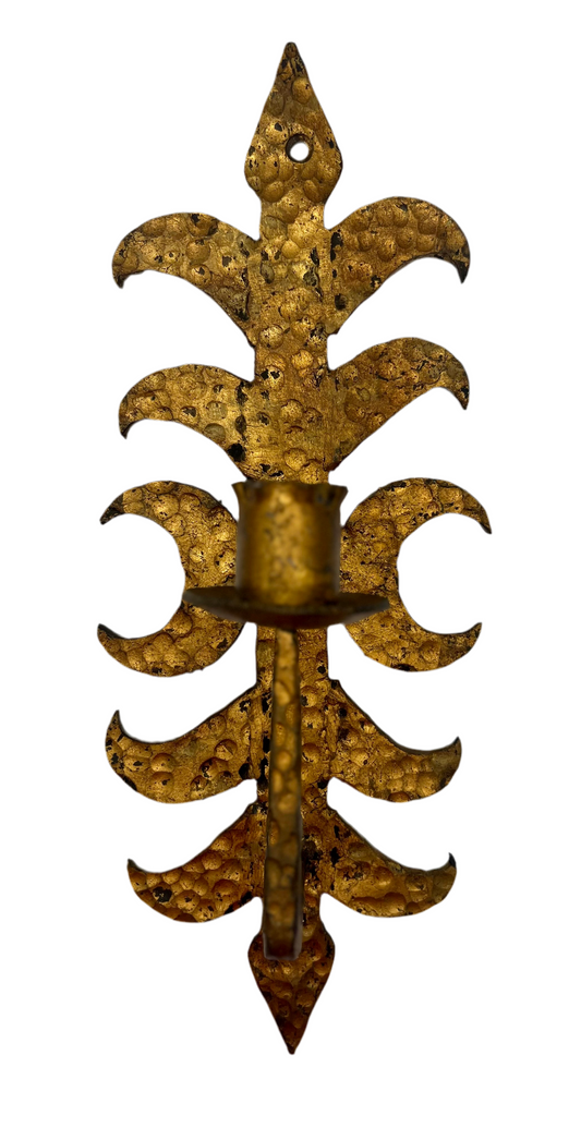 HEAVY WROUGHT IRON GILDED WALL SCONCE • HAND HAMMERED VINTAGE CANDLE HOLDER