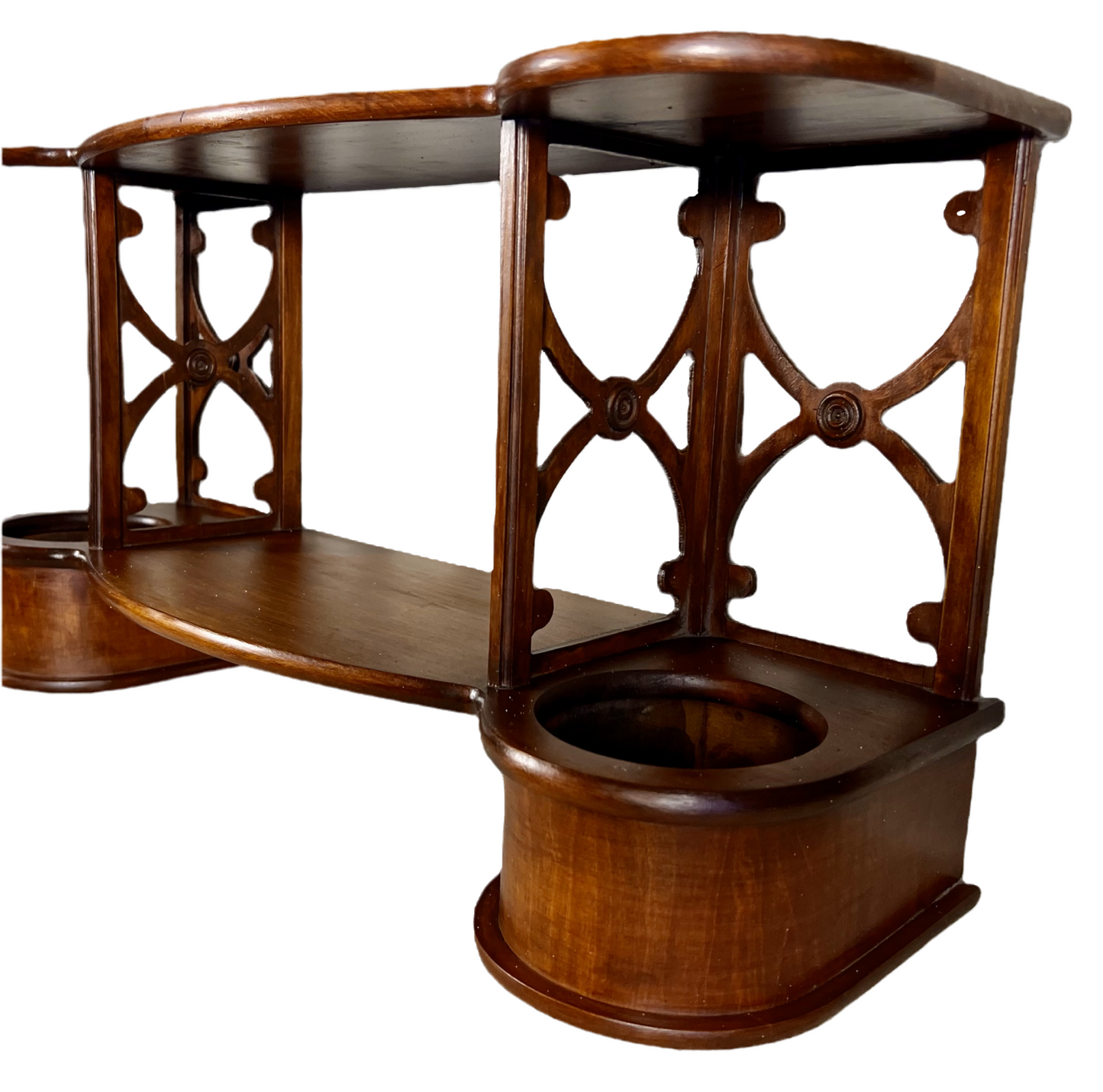 ANTIQUE VICTORIAN GOTHIC REVIVAL WALL SHELF WITH JARDINIÈRE HOLDERS – REFURBISHED WOOD DISPLAY SHELF – 19TH CENTURY
