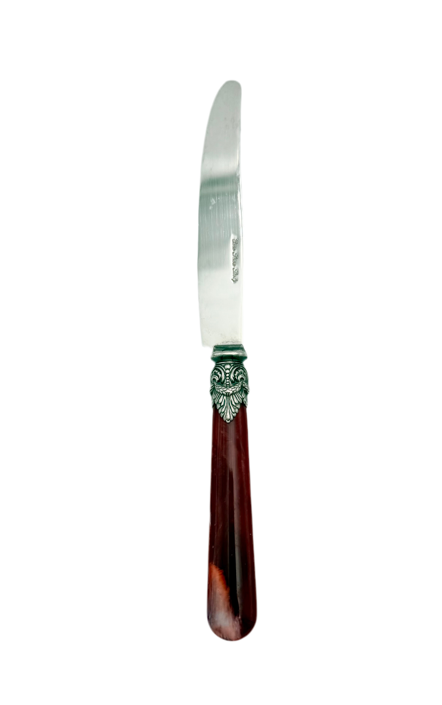 VINTAGE EME ZINOX ITALY KNIFE – BURGUNDY LUCITE HANDLE SILVERWARE – ORNATE ITALIAN DETAIL