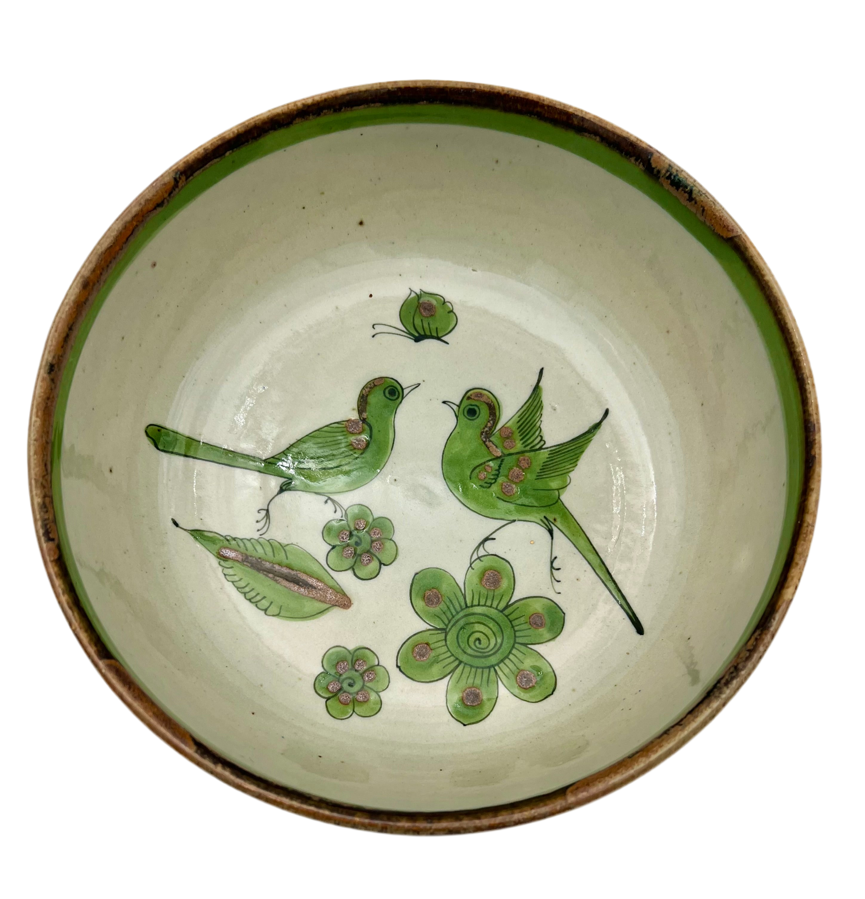 VINTAGE TONALÁ POTTERY BOWL IN THE STYLE OF KEN EDWARDS – HAND-PAINTED GREEN BIRDS AND FLOWERS – JALISCO, MEXICO
