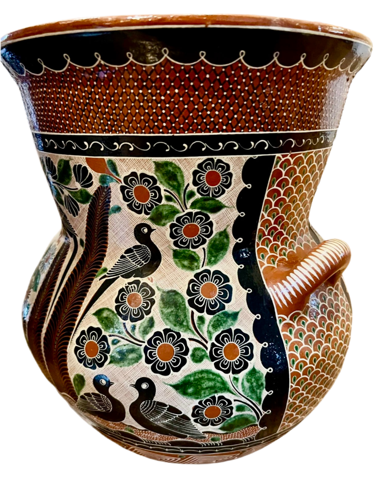 "Petatillo" Birds, Gazelles, & Floral Design Urn Signed by Renowned Master Potter, Geronimo Ramos