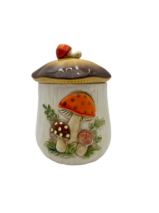 VINTAGE 1970S SEARS MUSHROOM CERAMIC CANISTER JAR WITH LID – RETRO KITCHEN DECOR, COTTAGECORE COLLECTIBLE