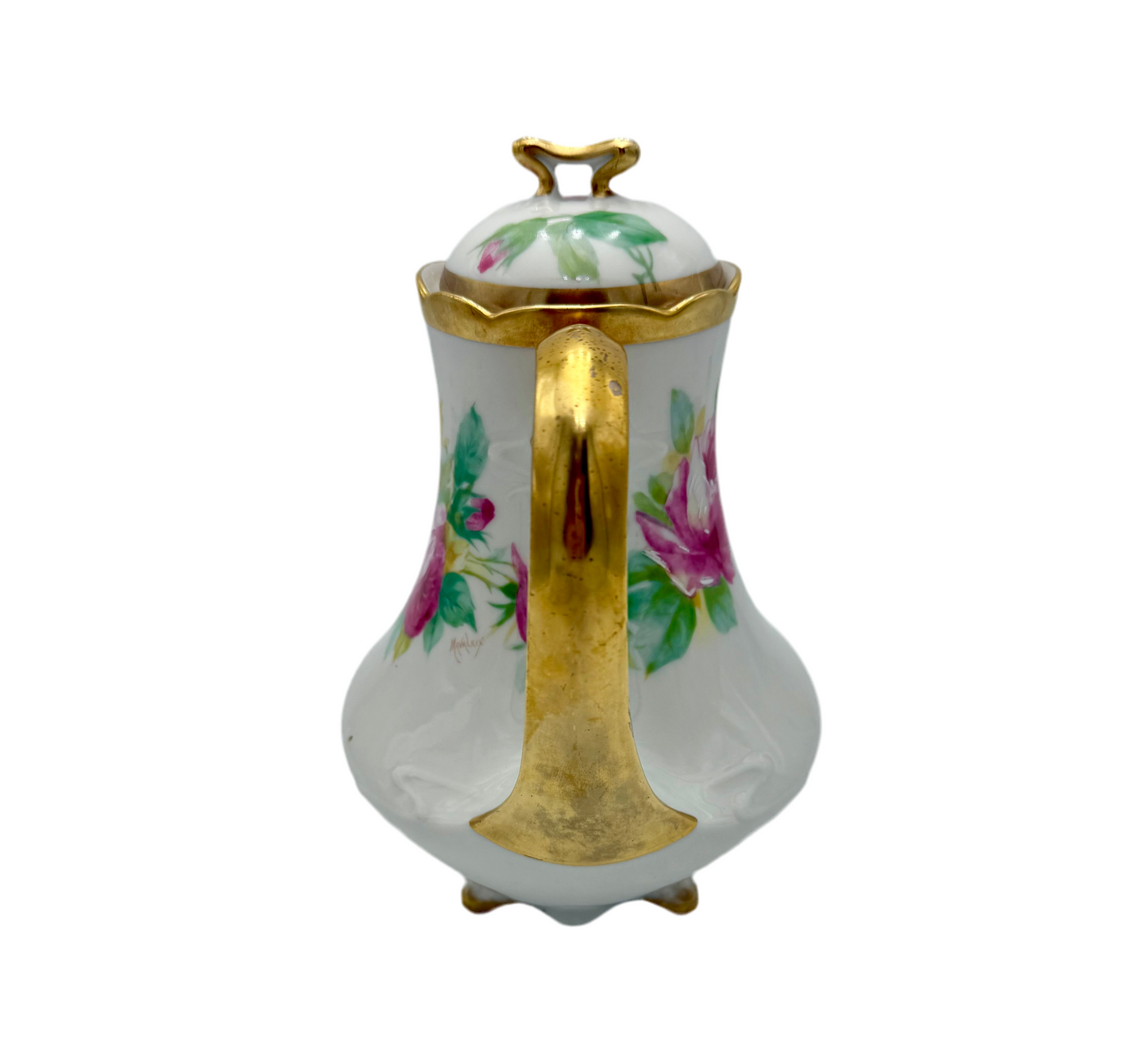 ANTIQUE LIMOGES “CORONET” HAND-PAINTED CHOCOLATE POT – SIGNED MAVALEIX – PINK ROSES & GOLD TRIM – ART NOUVEAU ERA FRANCE c.1906–1920