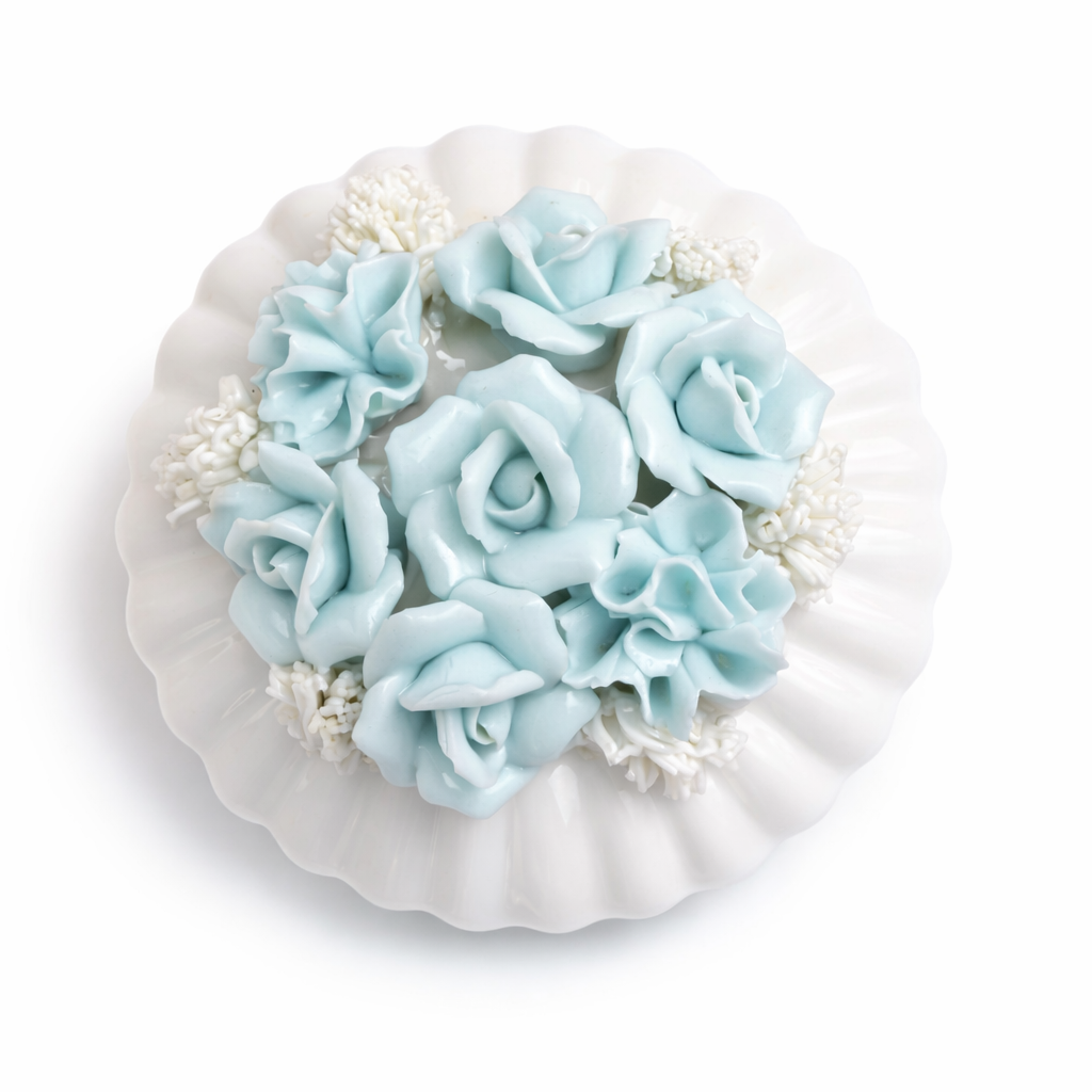 POWDER BLUE PORCELAIN ROSE TRINKET BOX WITH SCALLOPED LID – VINTAGE VANITY JEWELRY BOX – ROMANTIC COTTAGE DECOR