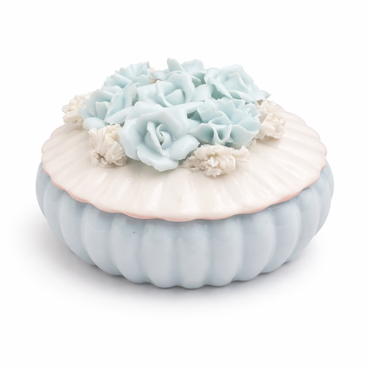 POWDER BLUE PORCELAIN ROSE TRINKET BOX WITH SCALLOPED LID – VINTAGE VANITY JEWELRY BOX – ROMANTIC COTTAGE DECOR