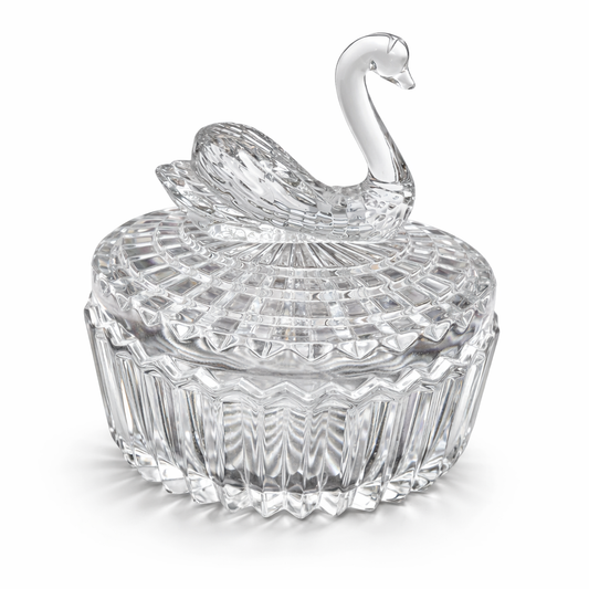 VINTAGE CLEAR GLASS SWAN LIDDED TRINKET DISH – 1970S PRESSED GLASS VANITY BOX – HOLLYWOOD REGENCY DECOR