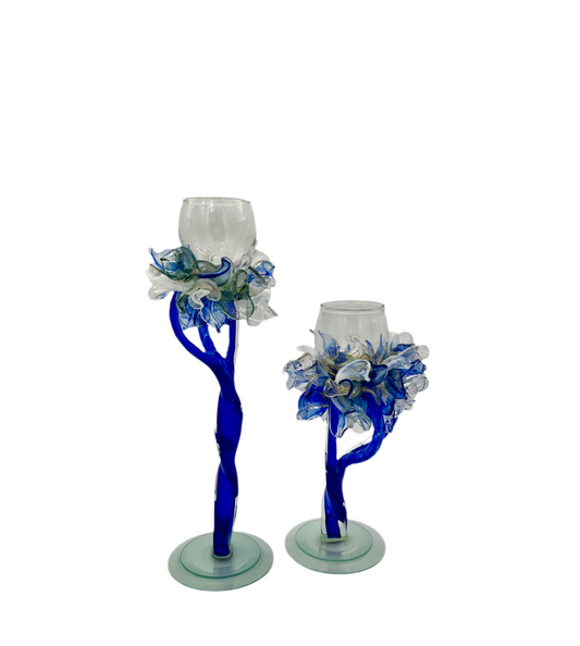 Vintage Murano Glass Candle Holders – Cobalt Blue & Clear Petal Sculptural Pair – Handblown Art Glass