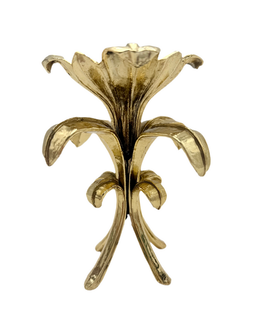 VINTAGE ITALIAN GILT TOLE LILY FLOWER CANDLE HOLDER – HOLLYWOOD REGENCY GOLD FLORAL DECOR – 1950s FLORENTINE STYLE – 5.5” TALL