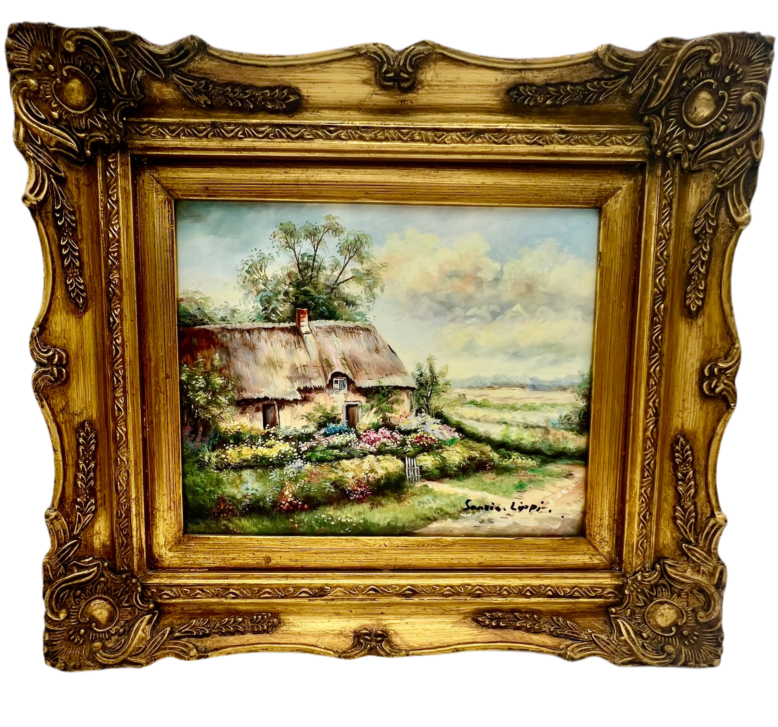 VINTAGE OIL PAINTING COTTAGE GARDEN LANDSCAPE BY SANZI LIPPI IN ORNATE GILT FRAME