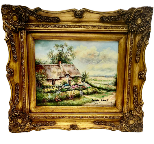 VINTAGE OIL PAINTING COTTAGE GARDEN LANDSCAPE BY SANZI LIPPI IN ORNATE GILT FRAME