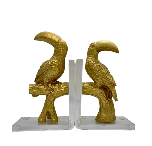 VINTAGE 1980S LUCITE GOLD TOUCAN BOOKENDS