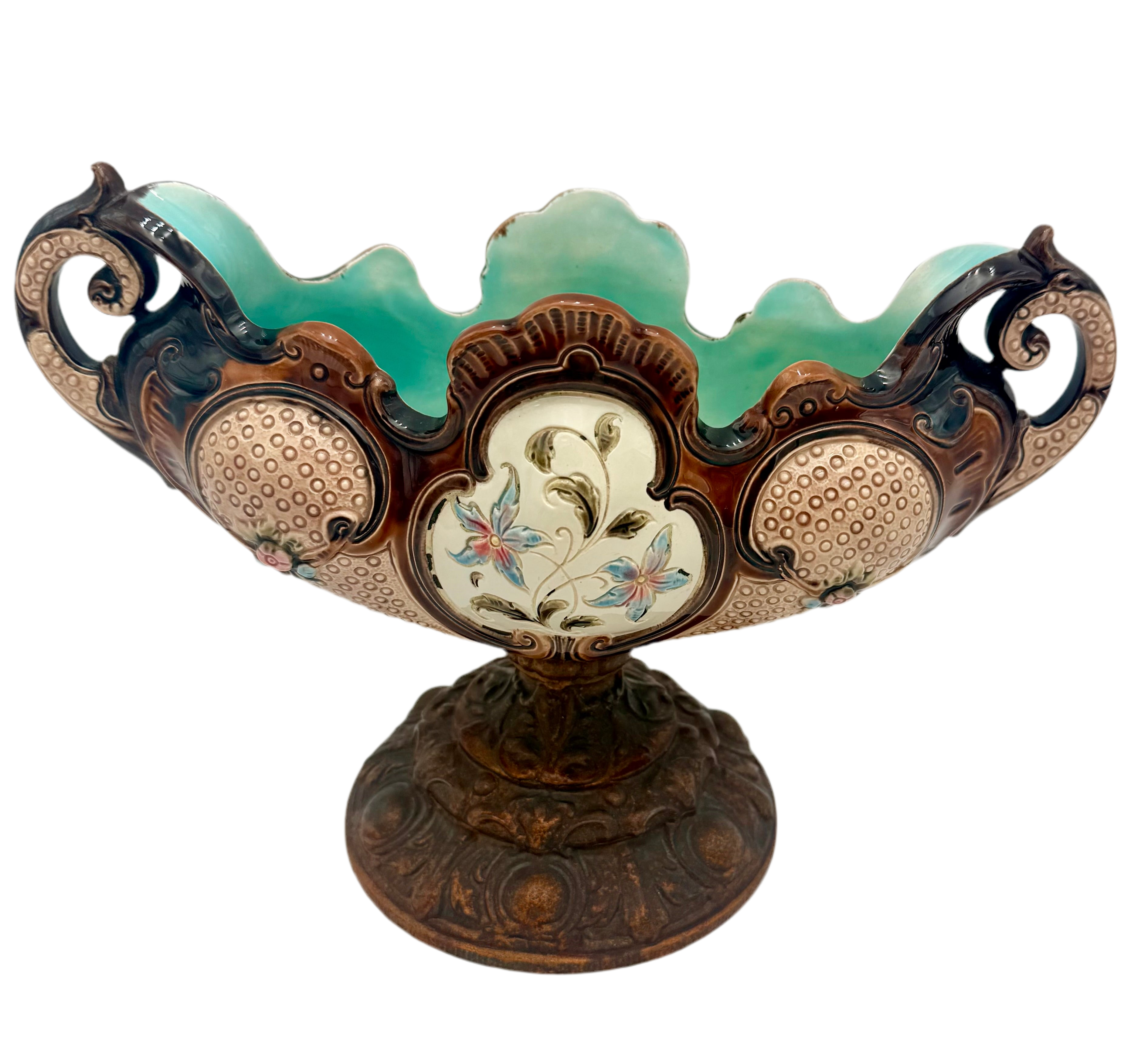 ANTIQUE VICTORIAN MAJOLICA PEDESTAL PLANTER – HAND PAINTED FLORAL SCALLOPED BOWL