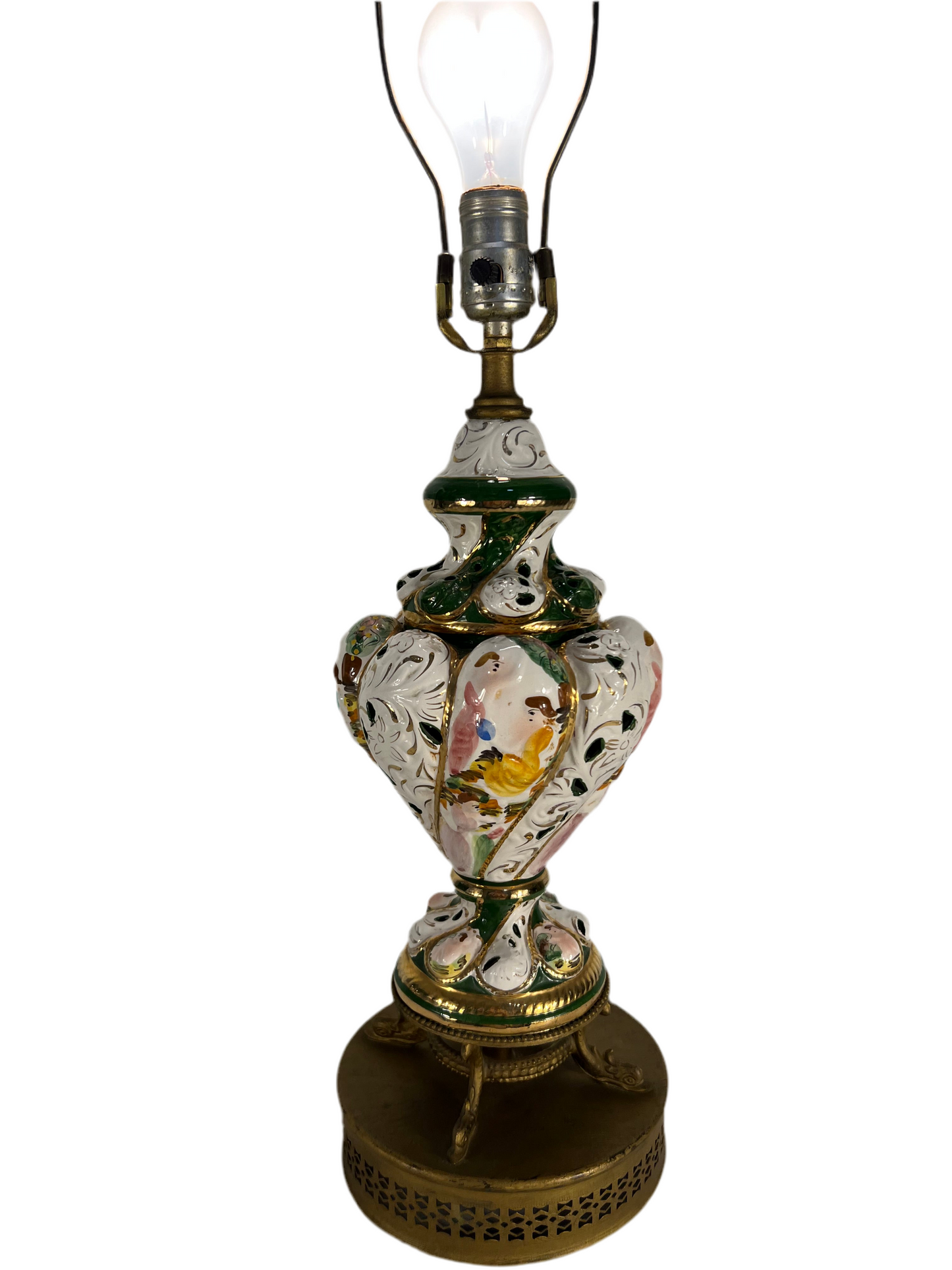 VINTAGE ITALIAN CAPODIMONTE PORCELAIN LAMP WITH HAND-PAINTED ROMANTIC SCENE AND GILT OPENWORK BASE