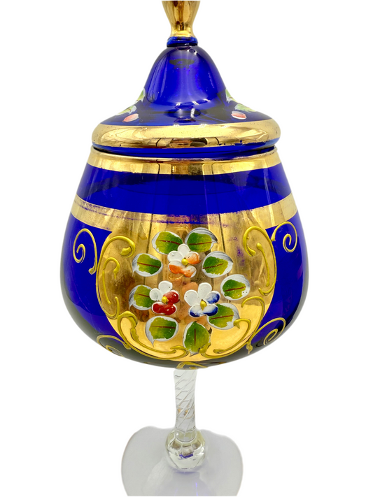 VINTAGE BOHEMIAN COBALT BLUE ENAMEL & GOLD GILT COVERED CANDY DISH (WITH LID)