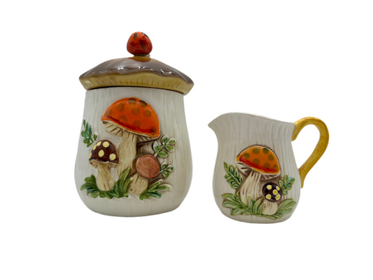 VINTAGE 1970s SEARS MERRY MUSHROOM CREAMER & SUGAR CANISTER SET – JAPAN CERAMIC RETRO KITCHENWARE