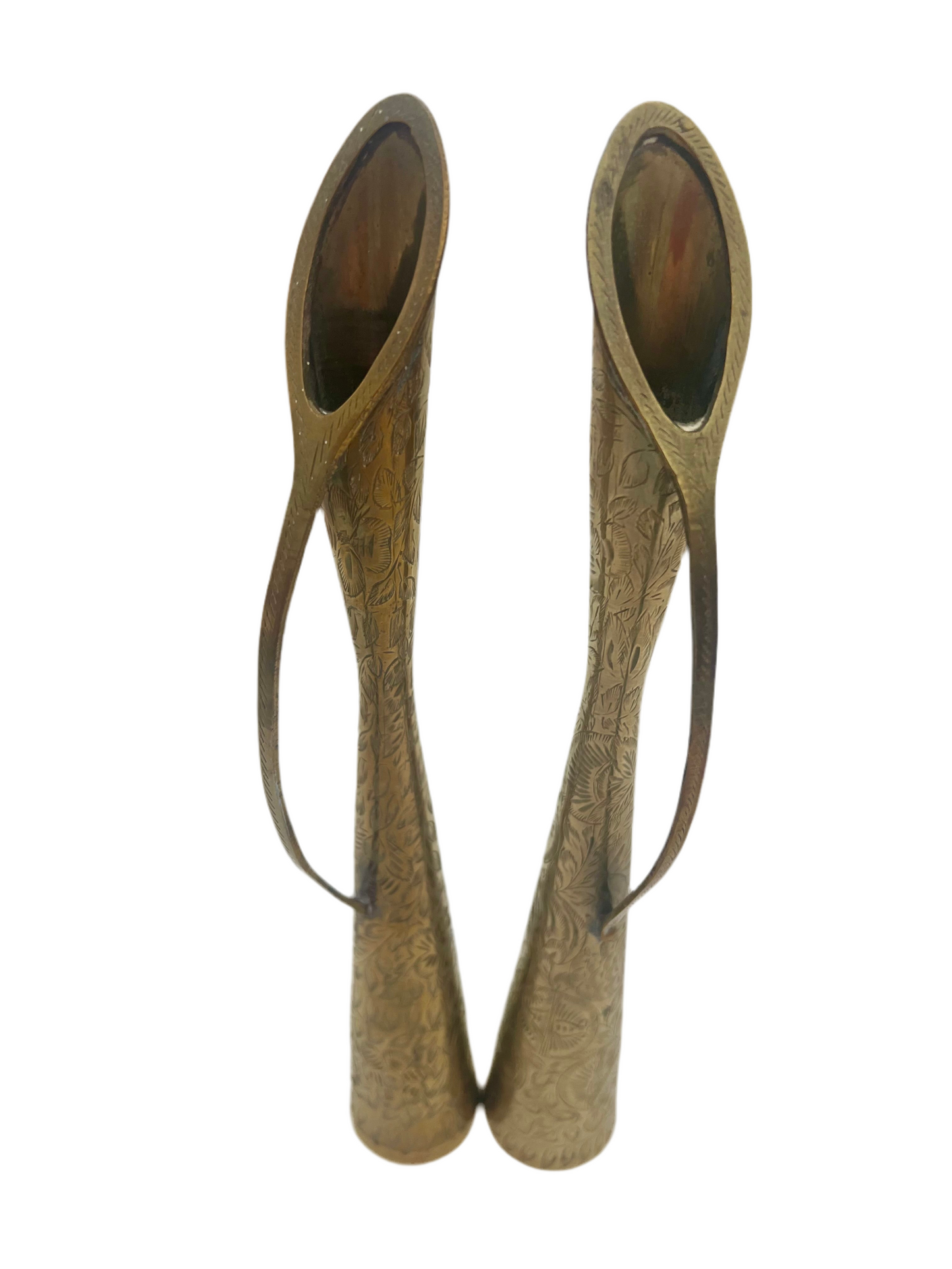 VINTAGE ETCHED BRASS BUD VASES PAIR | MID CENTURY MODERN DECOR | BOHO HOLLYWOOD REGENCY | TALL METAL FLORAL VASES