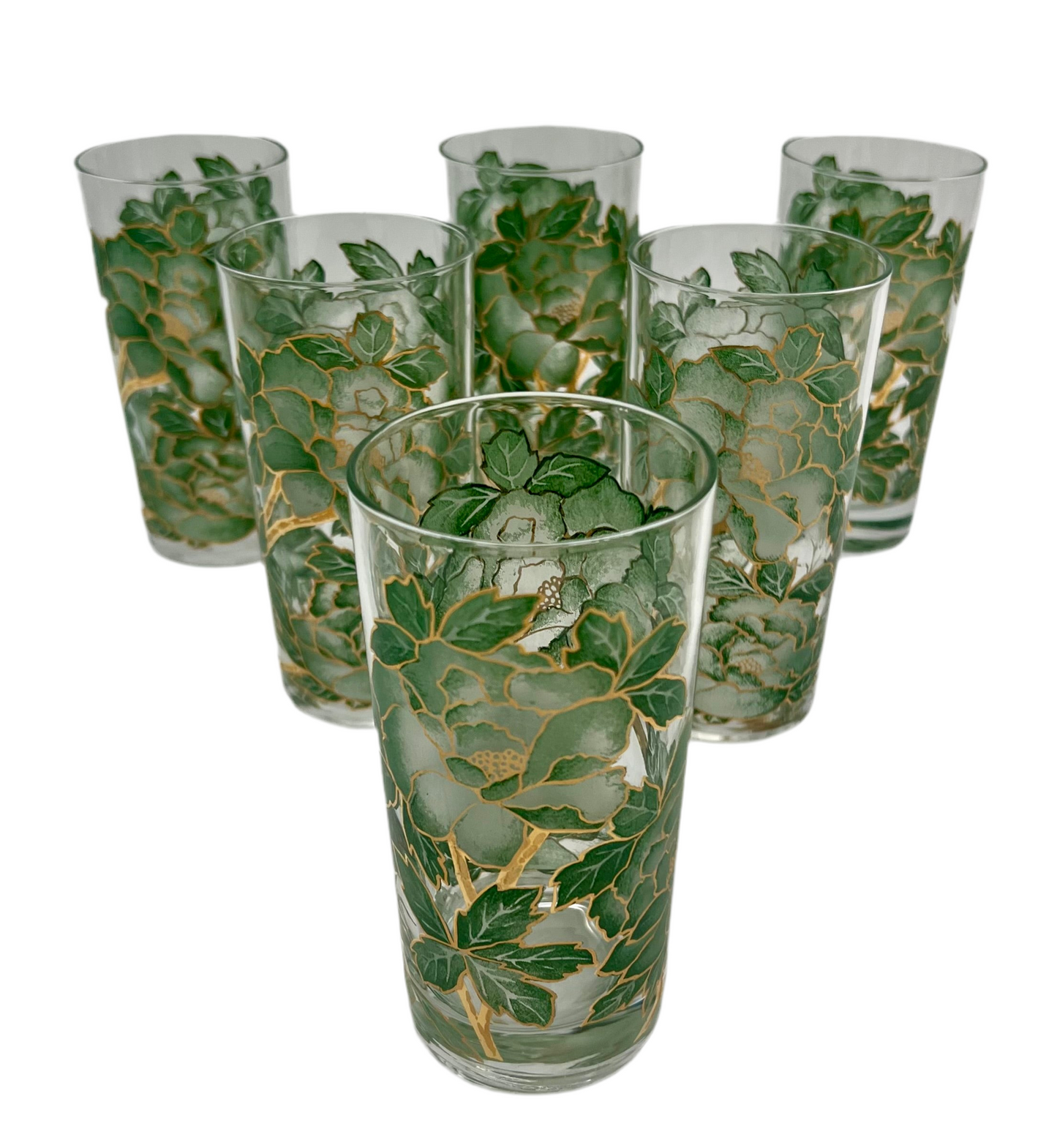 VINTAGE HAZEL ATLAS GREEN AND GOLD FLORAL GLASSES, SET OF 6