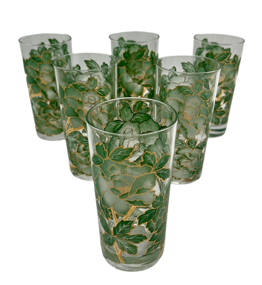 VINTAGE HAZEL ATLAS GREEN AND GOLD FLORAL GLASSES, SET OF 6
