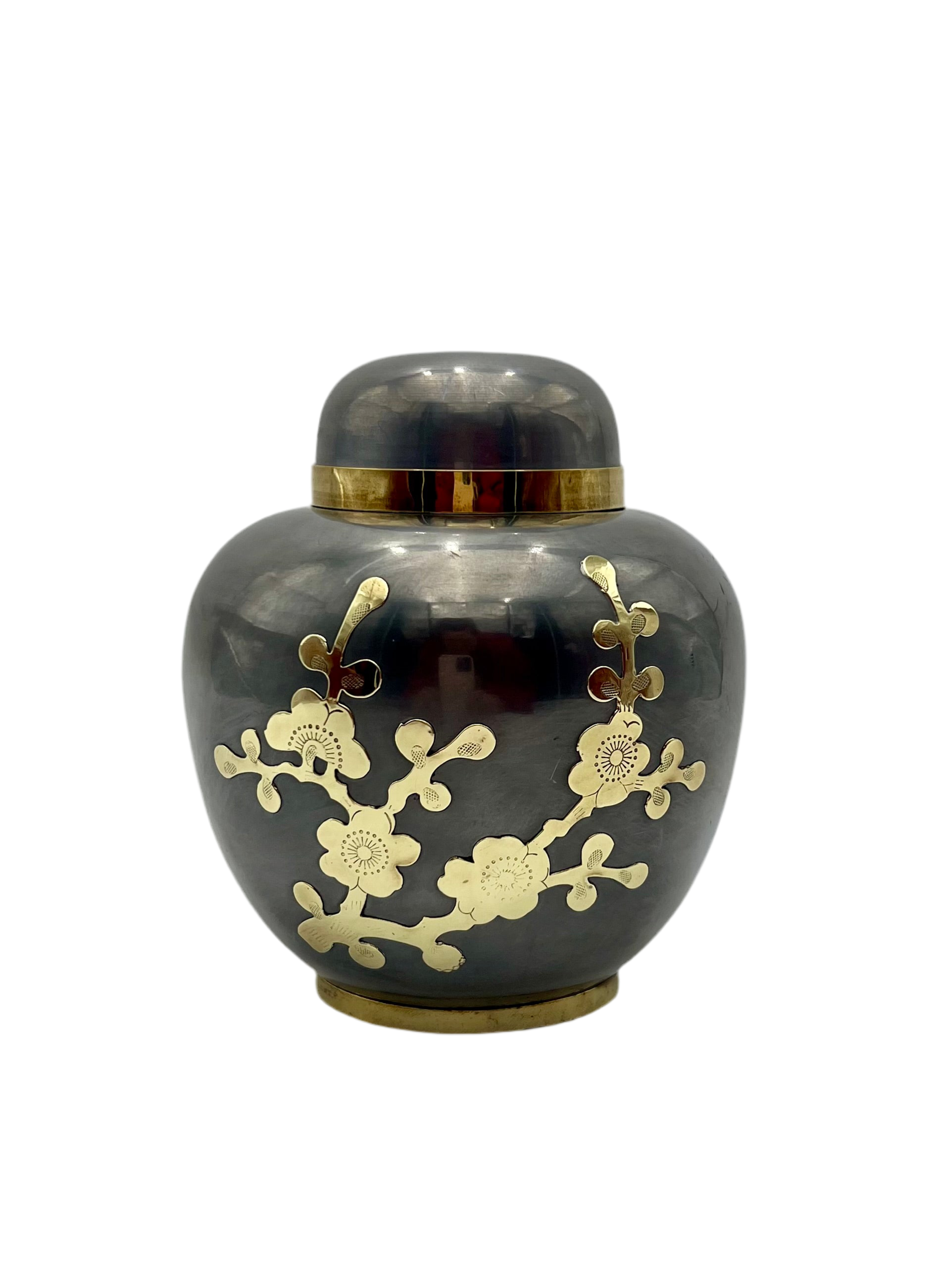 VINTAGE BLACK & GOLD FLORAL LIDDED JAR — CHINOISERIE BRASS DECOR