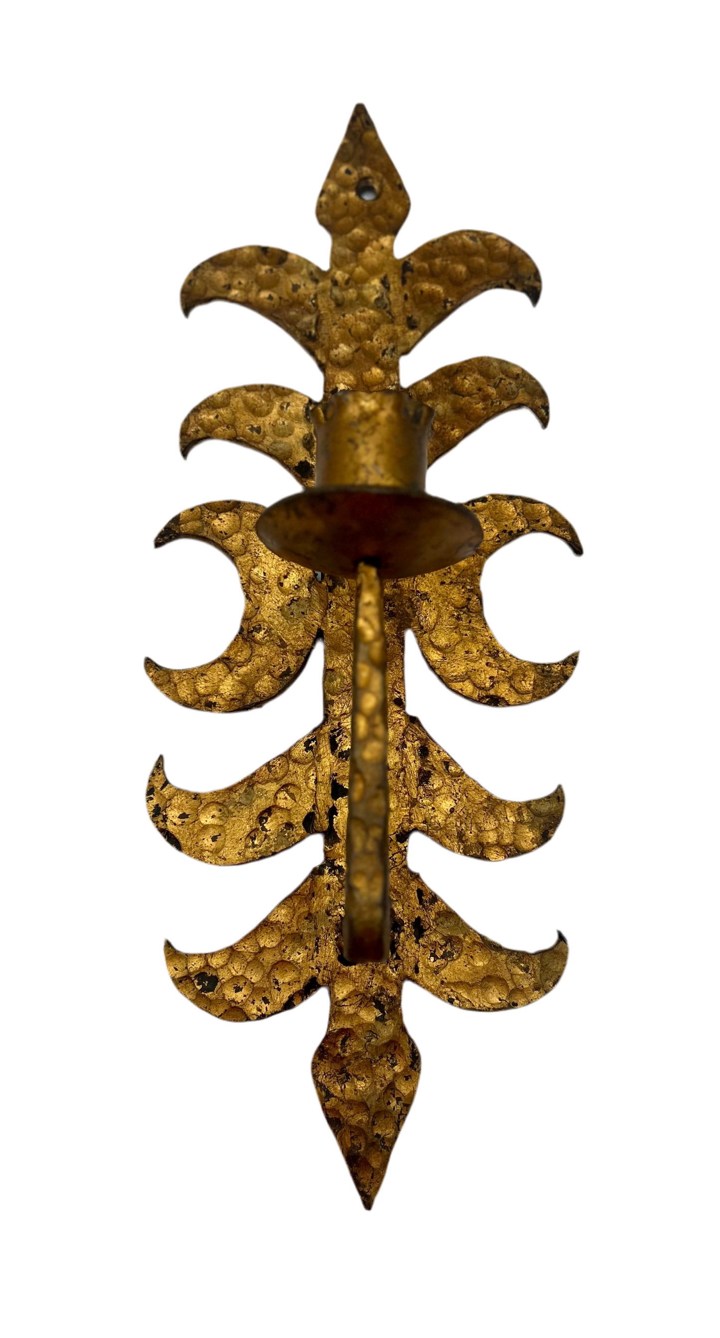 VINTAGE HAMMERED GILT IRON WALL SCONCE — HOLLYWOOD REGENCY SPANISH REVIVAL STYLE